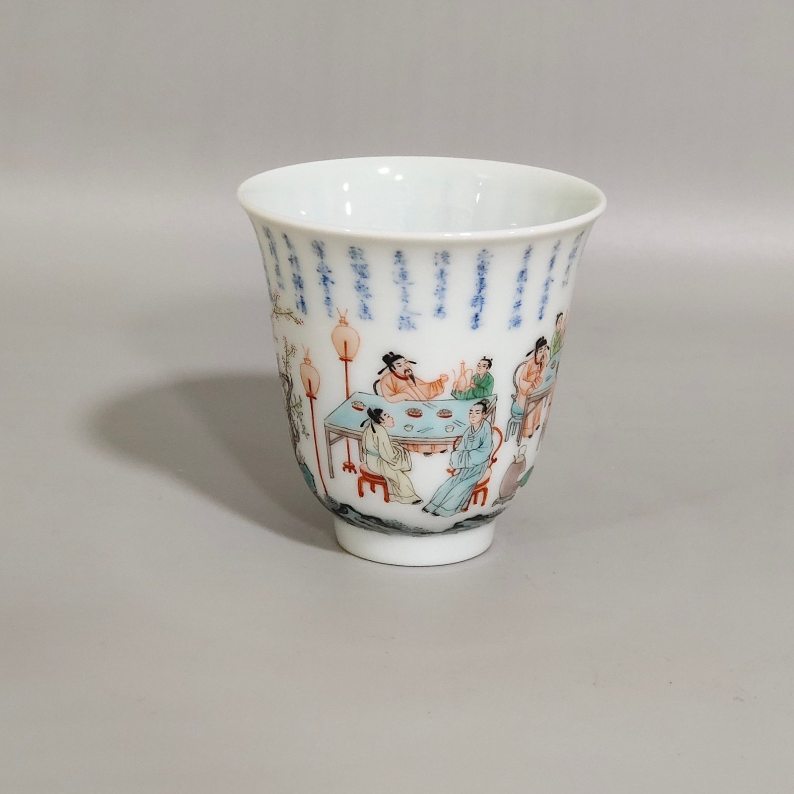 Qing Dynasty Kangxi blue and white colorful spring night bell cup
