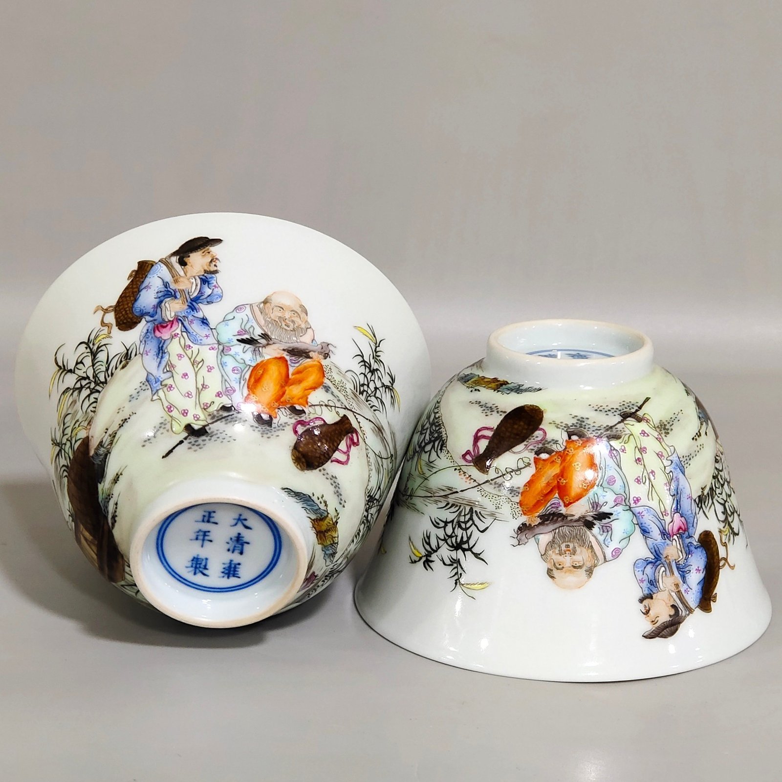 Qing Dynasty Yongzheng character story fishing picture inscribed poem cup