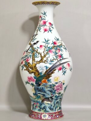 Qing Dynasty Yongzheng magpie peach golden pheasant poem olive vase