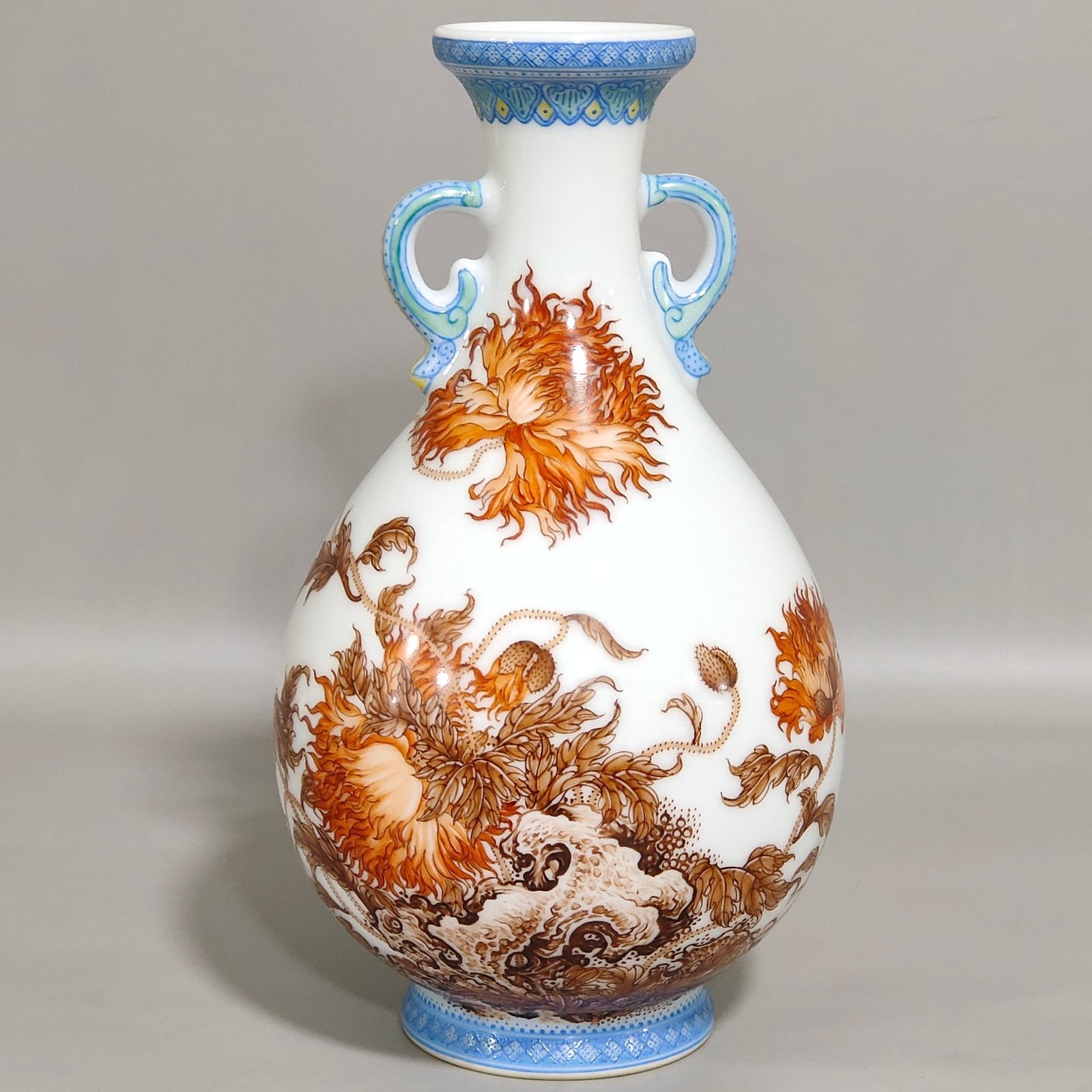 Qing Dynasty Yongzheng ink color alum red poppy poem jade pot spring amphora