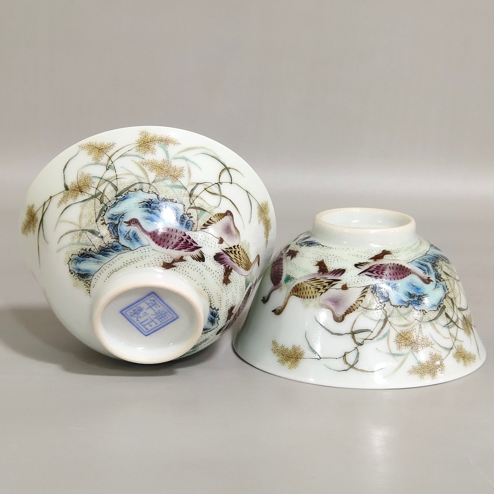 Qing Dynasty Yongzheng ink color reed and wild goose cup with poem inscription