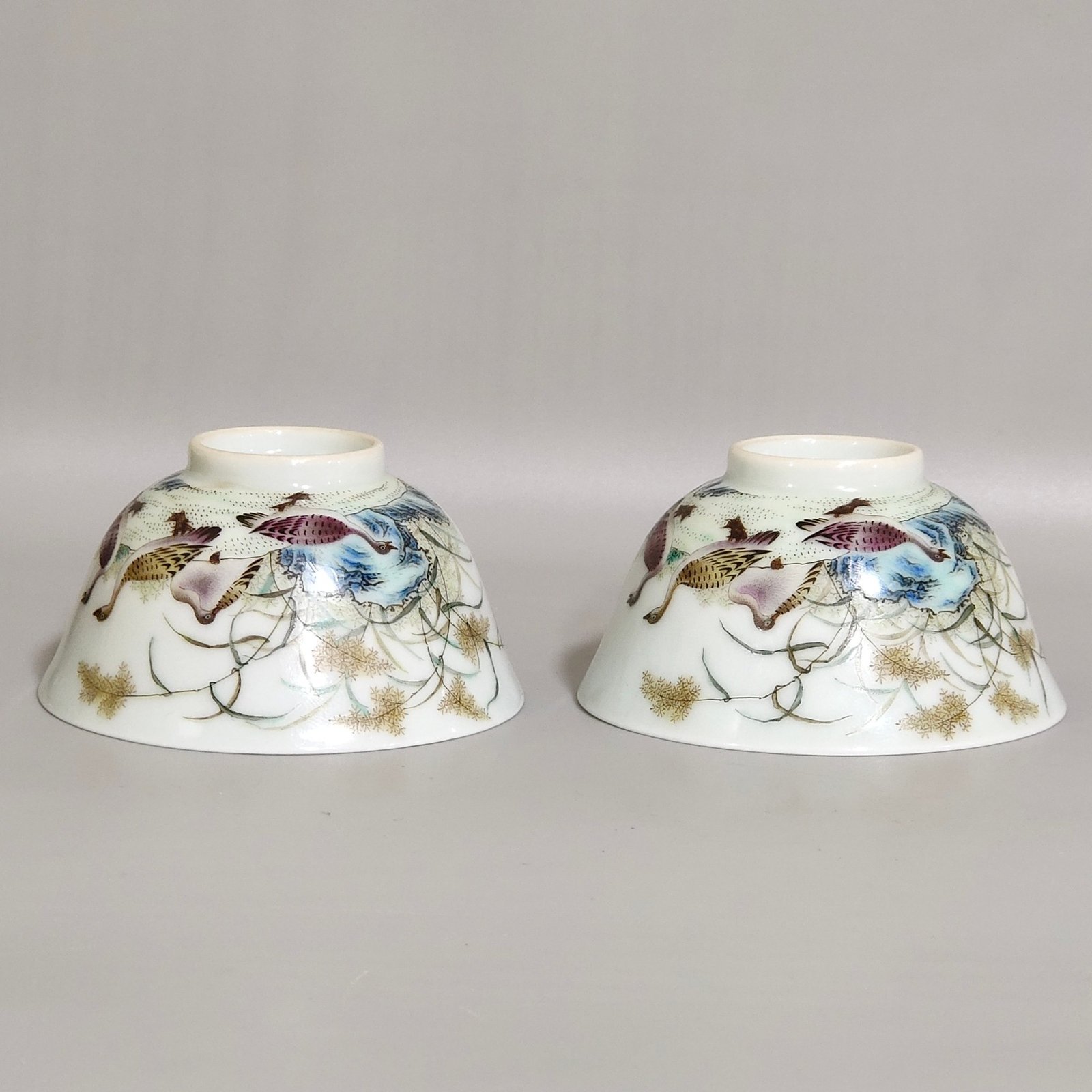 Qing Dynasty Yongzheng ink color reed and wild goose cup with poem inscription