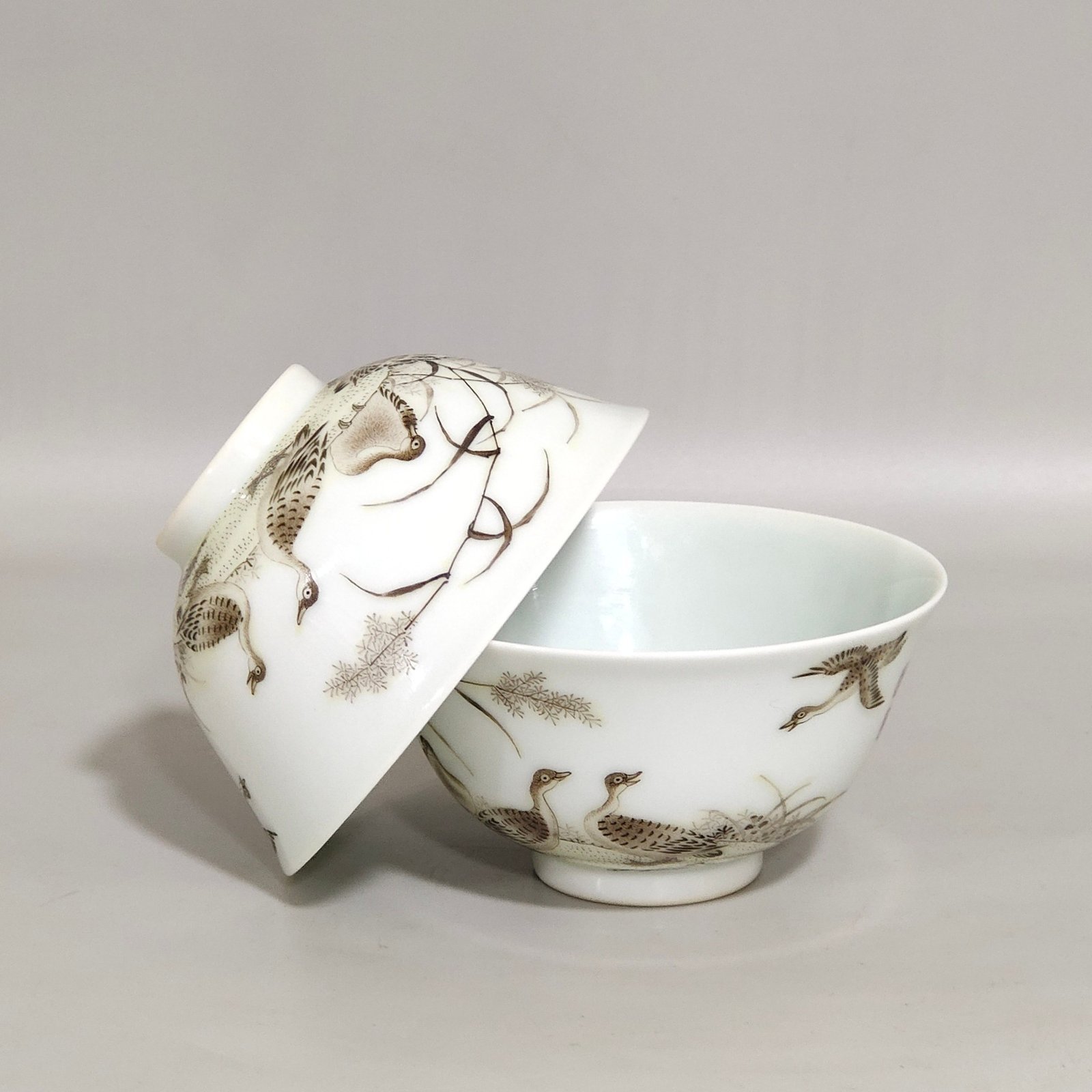 Qing Dynasty Yongzheng ink color reed and wild goose cup with poem inscription