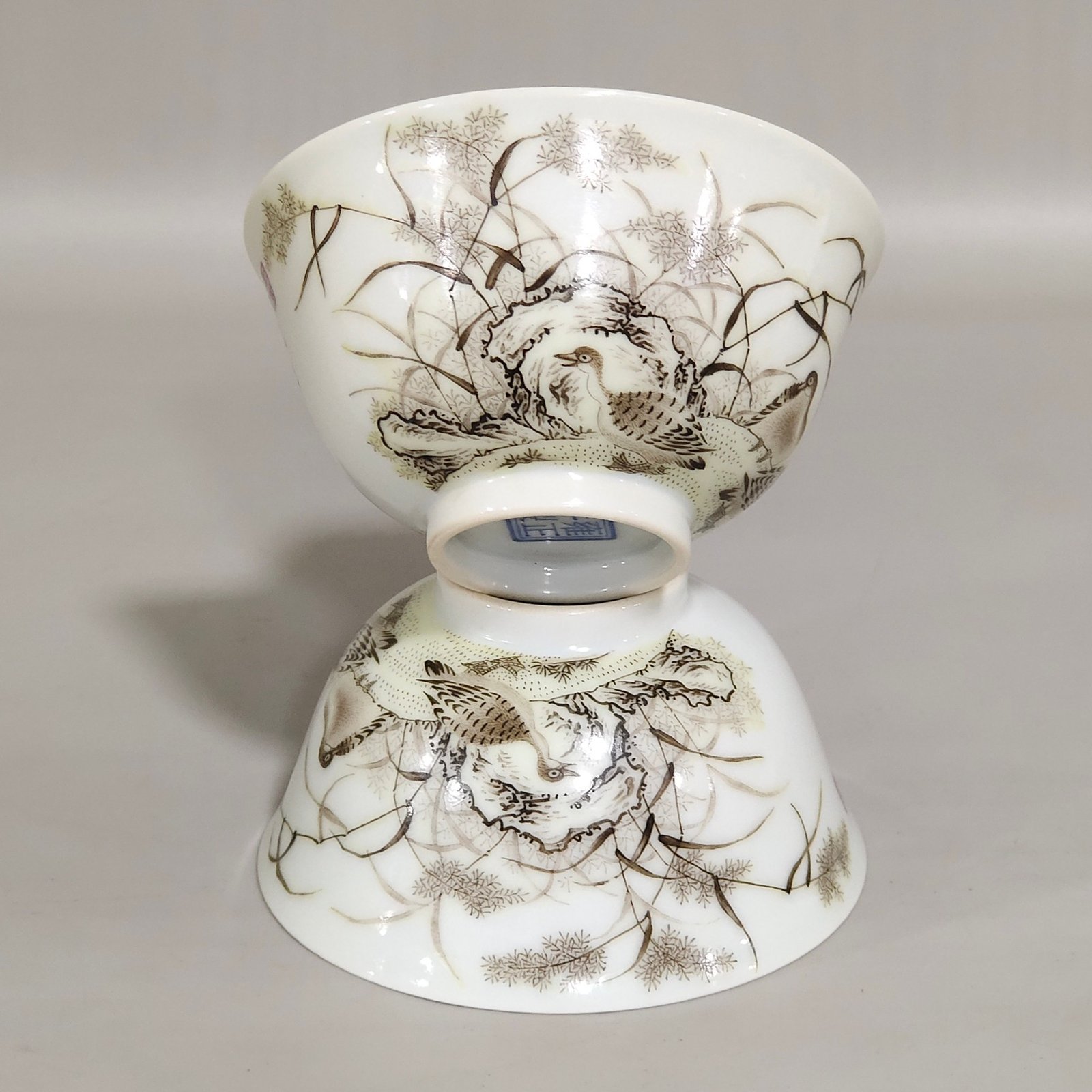 Qing Dynasty Yongzheng ink color reed and wild goose cup with poem inscription