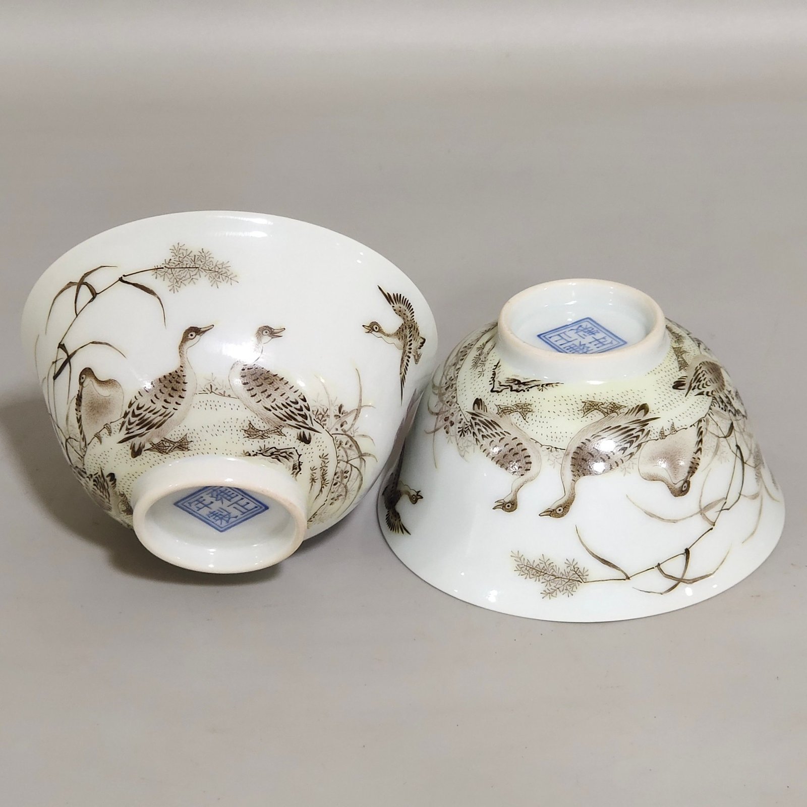 Qing Dynasty Yongzheng ink color reed and wild goose cup with poem inscription