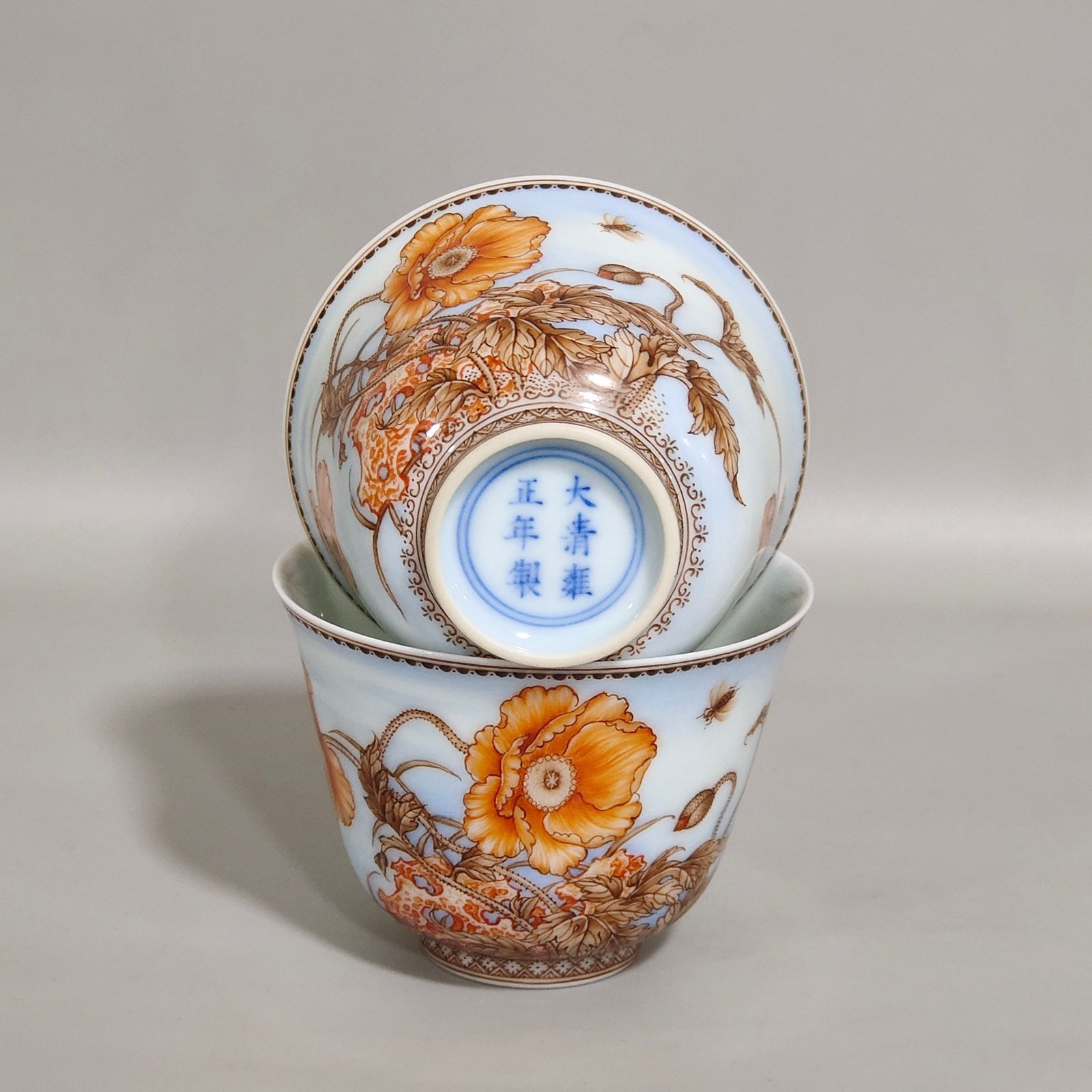Qing Dynasty Yongzheng ink color poppy cup with poems