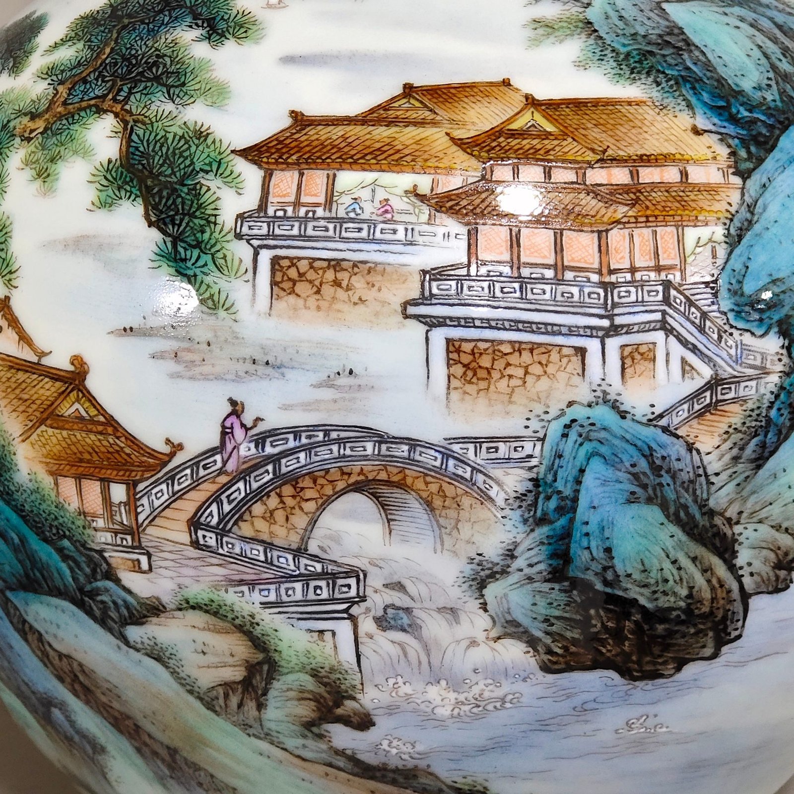Qing Dynasty Yongzheng Shanshui Pavilion poem inscribed celestial sphere vase