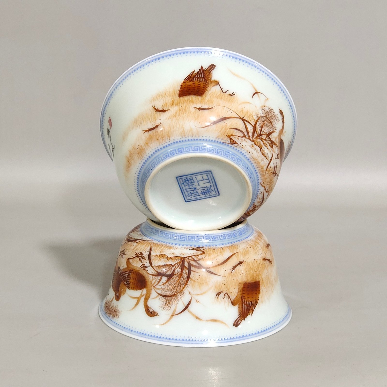 Qing Dynasty Yongzheng imperial ink colored reed and wild goose cup with poem inscription