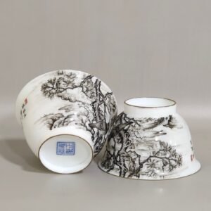 Qing Dynasty Yongzheng ink color flower and bird poem with hidden engraved fish and algae cup
