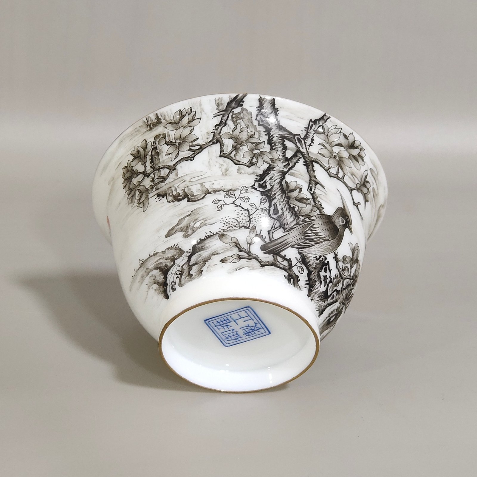 Qing Dynasty Yongzheng ink color flower and bird poem with hidden engraved fish and algae cup