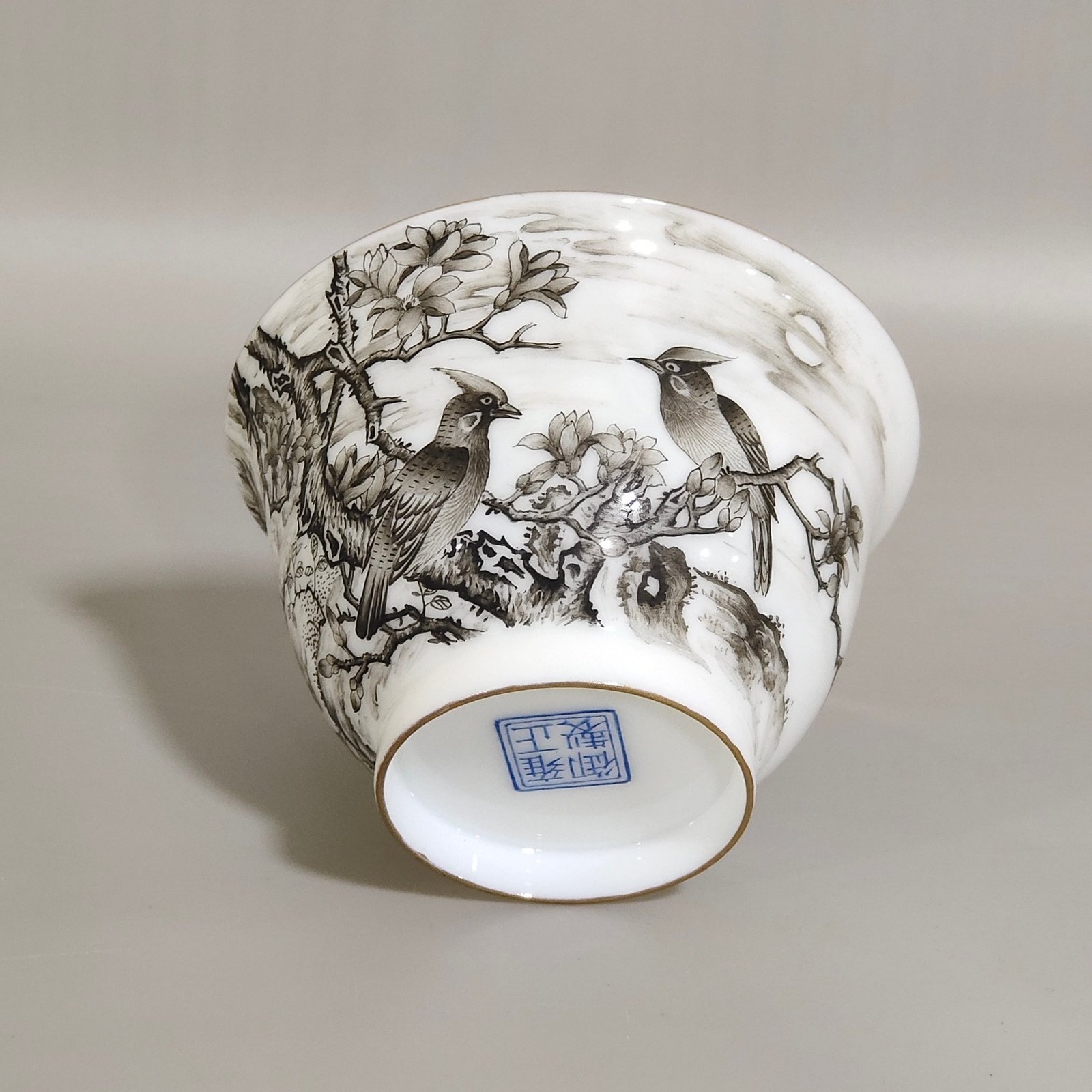 Qing Dynasty Yongzheng ink color flower and bird poem with hidden engraved fish and algae cup