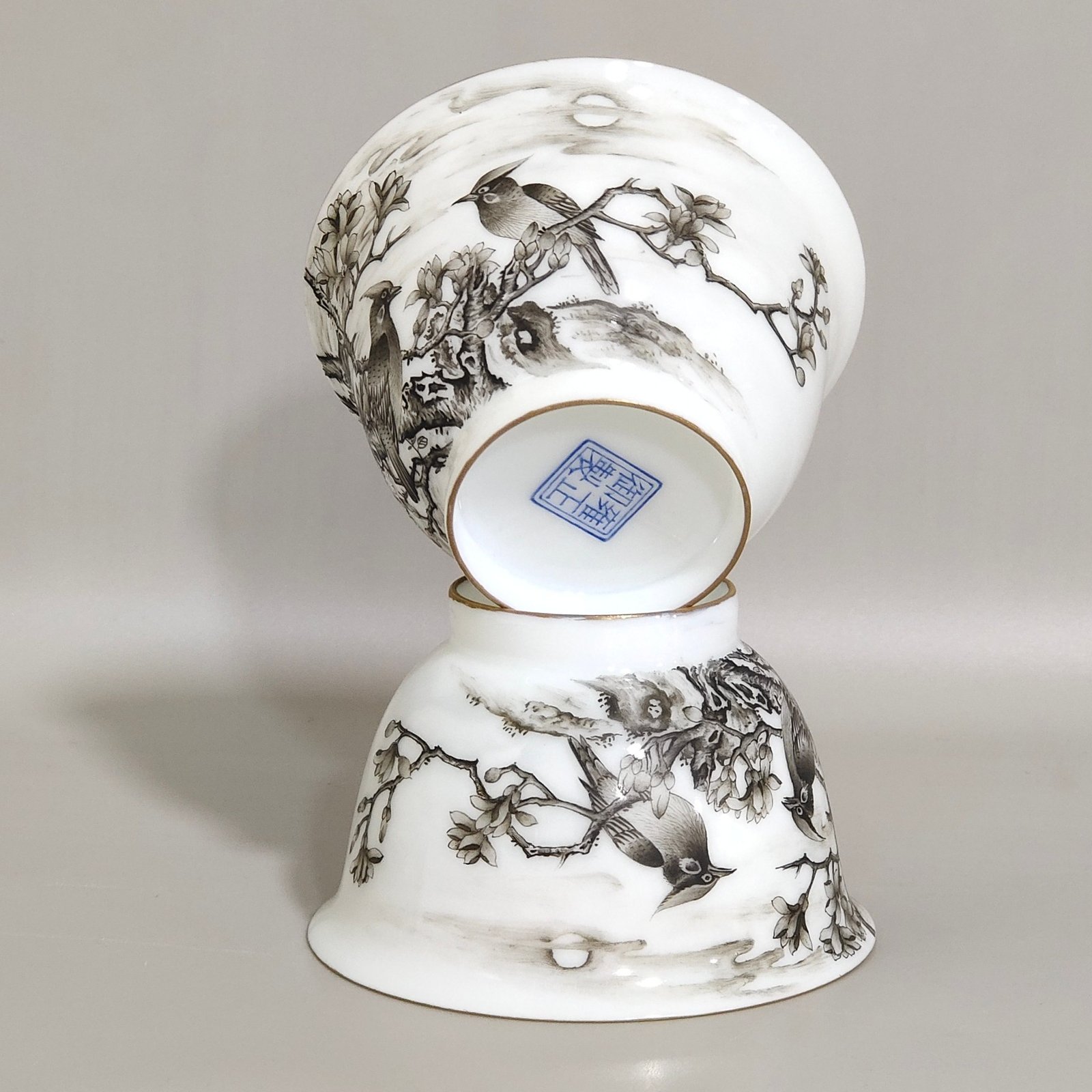 Qing Dynasty Yongzheng ink color flower and bird poem with hidden engraved fish and algae cup