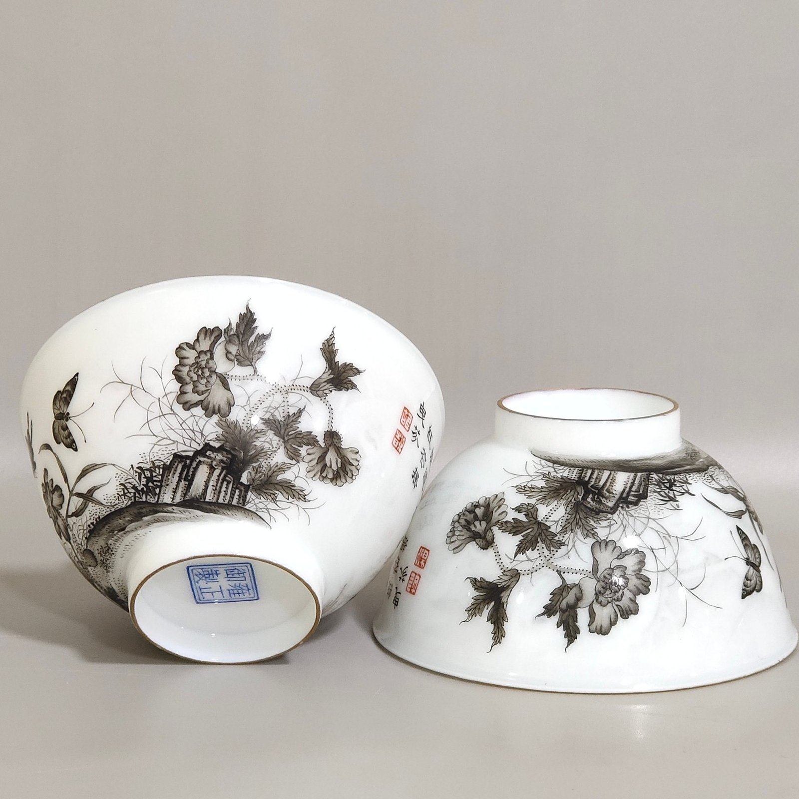 Qing Dynasty Yongzheng imperial ink and color poppy butterfly poem inscribed cup