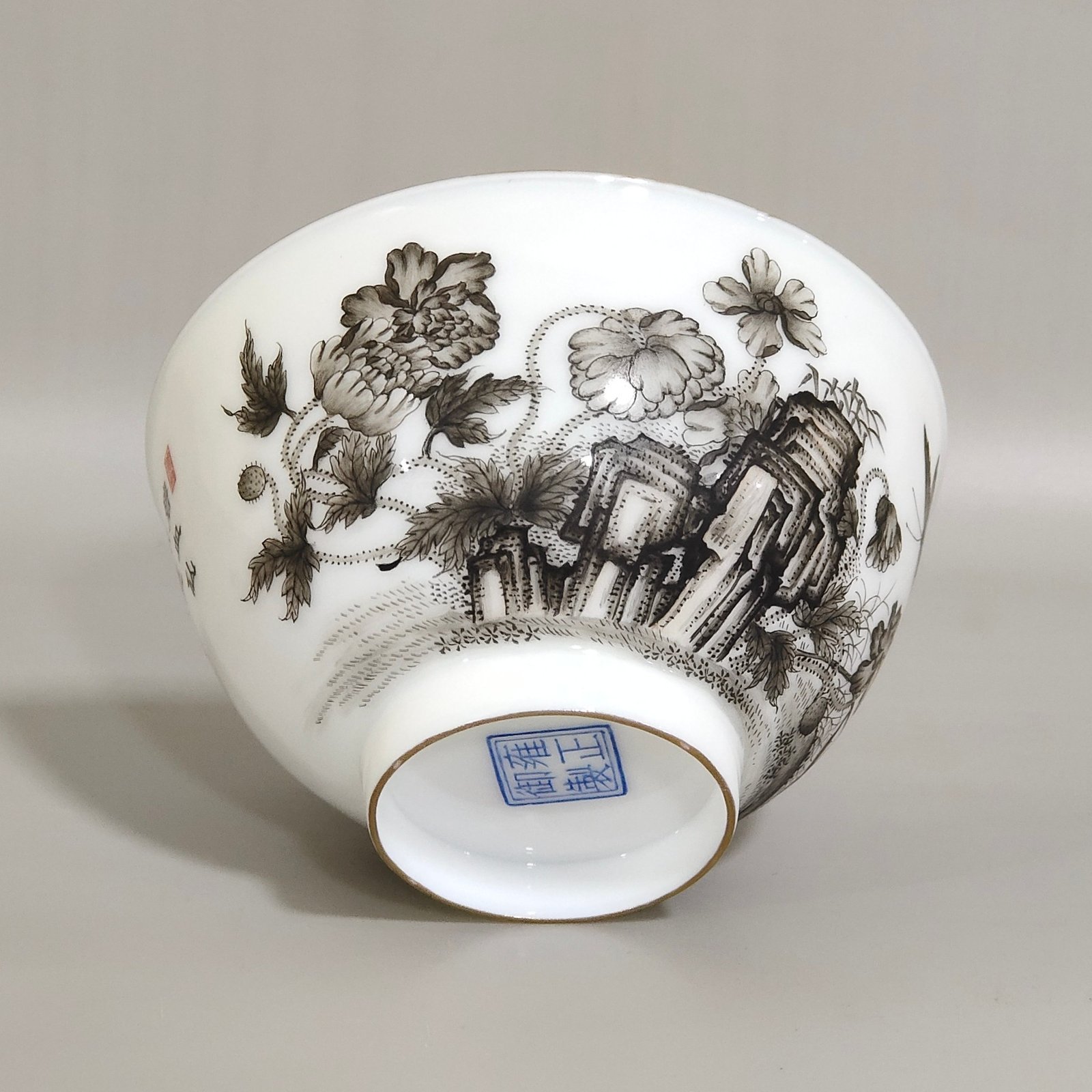 Qing Dynasty Yongzheng imperial ink and color poppy butterfly poem inscribed cup
