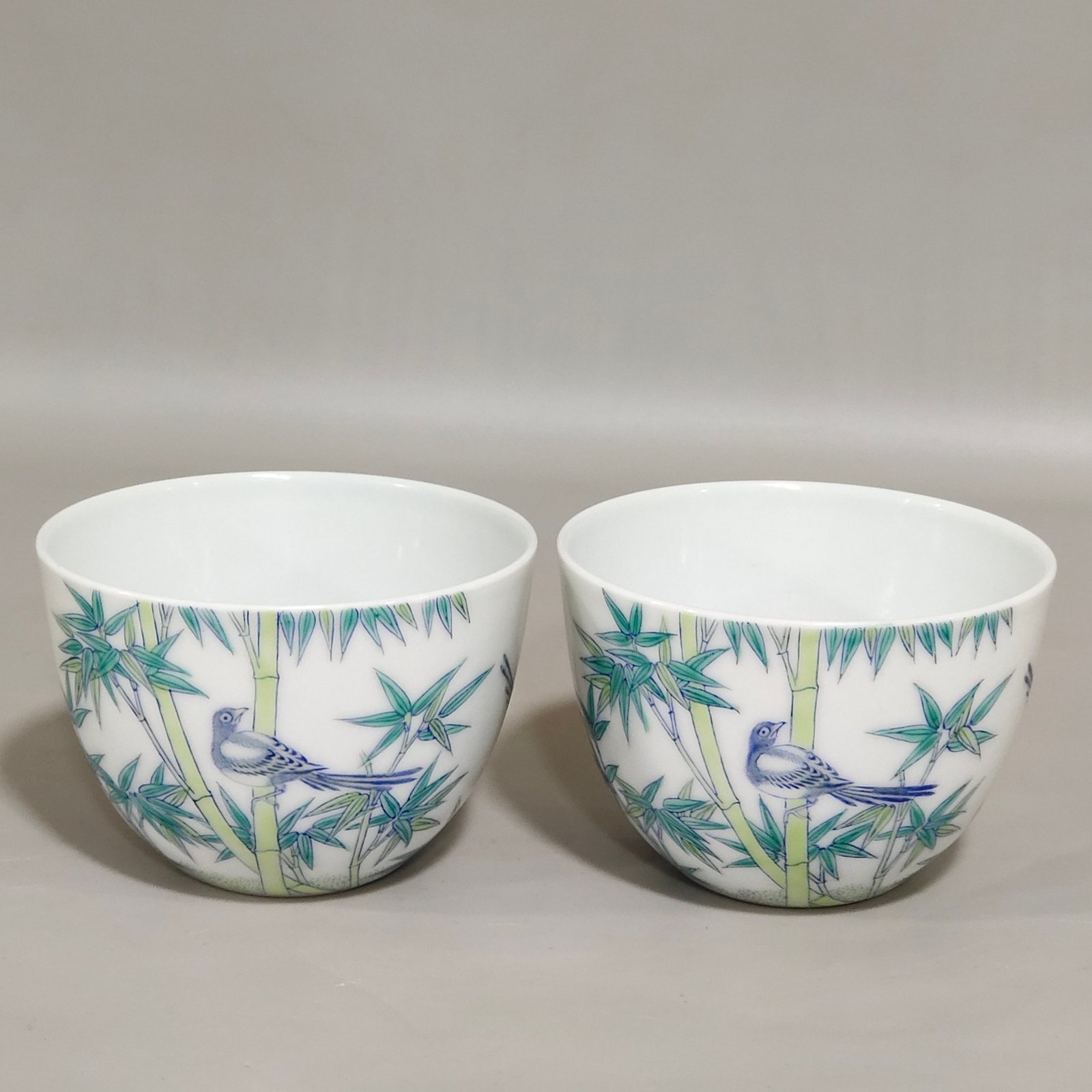 Qing Dynasty Yongzheng Imperial Doucai Bamboo Sparrow Cup with Poem Inscription