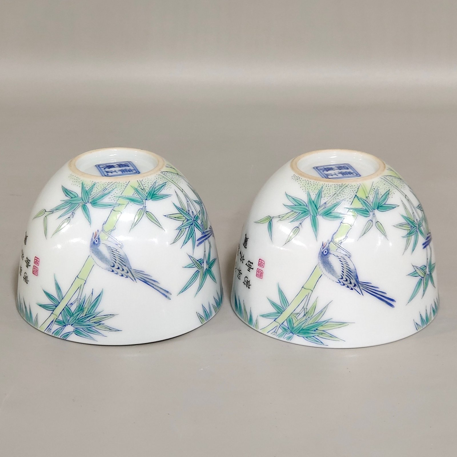 Qing Dynasty Yongzheng Imperial Doucai Bamboo Sparrow Cup with Poem Inscription