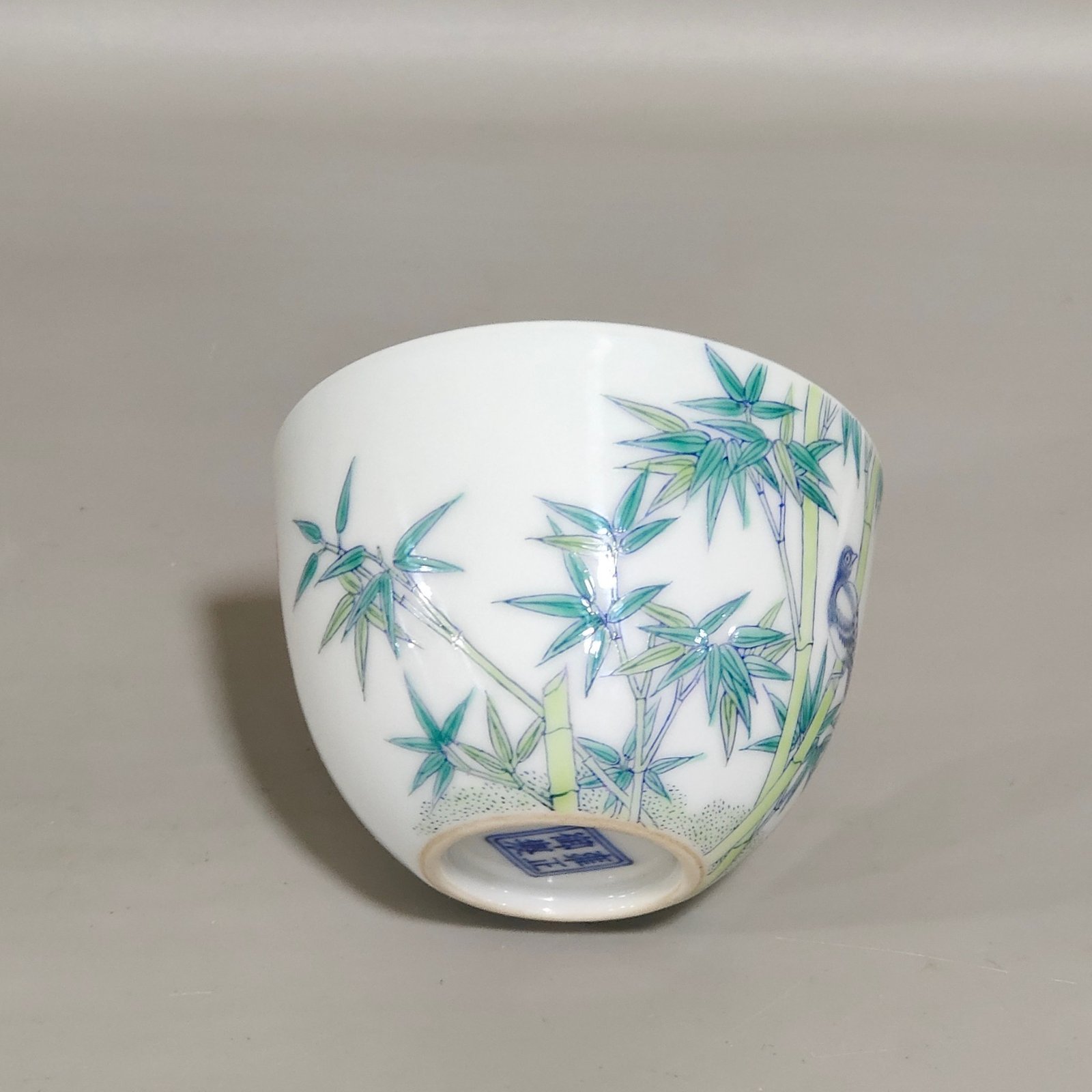 Qing Dynasty Yongzheng Imperial Doucai Bamboo Sparrow Cup with Poem Inscription