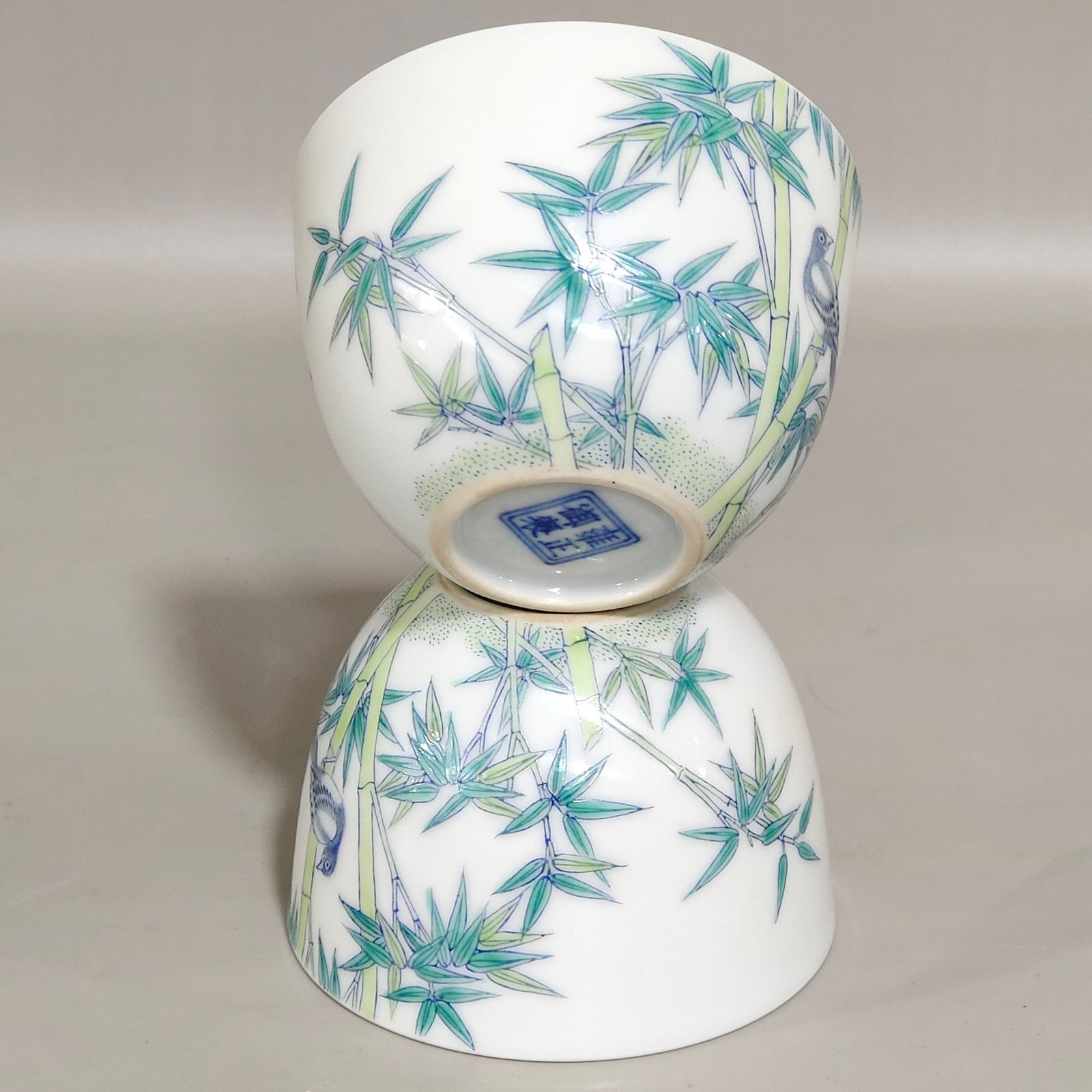 Qing Dynasty Yongzheng Imperial Doucai Bamboo Sparrow Cup with Poem Inscription