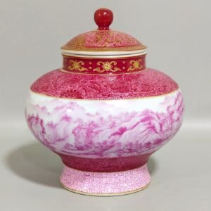 Qing Dynasty Yongzheng A rouge red gold painted landscape tea caddy