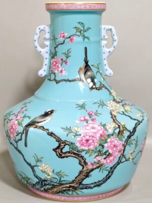 Qing Dynasty Yongzheng A blue glazed amphorae with flowers and birds inscribed with poems