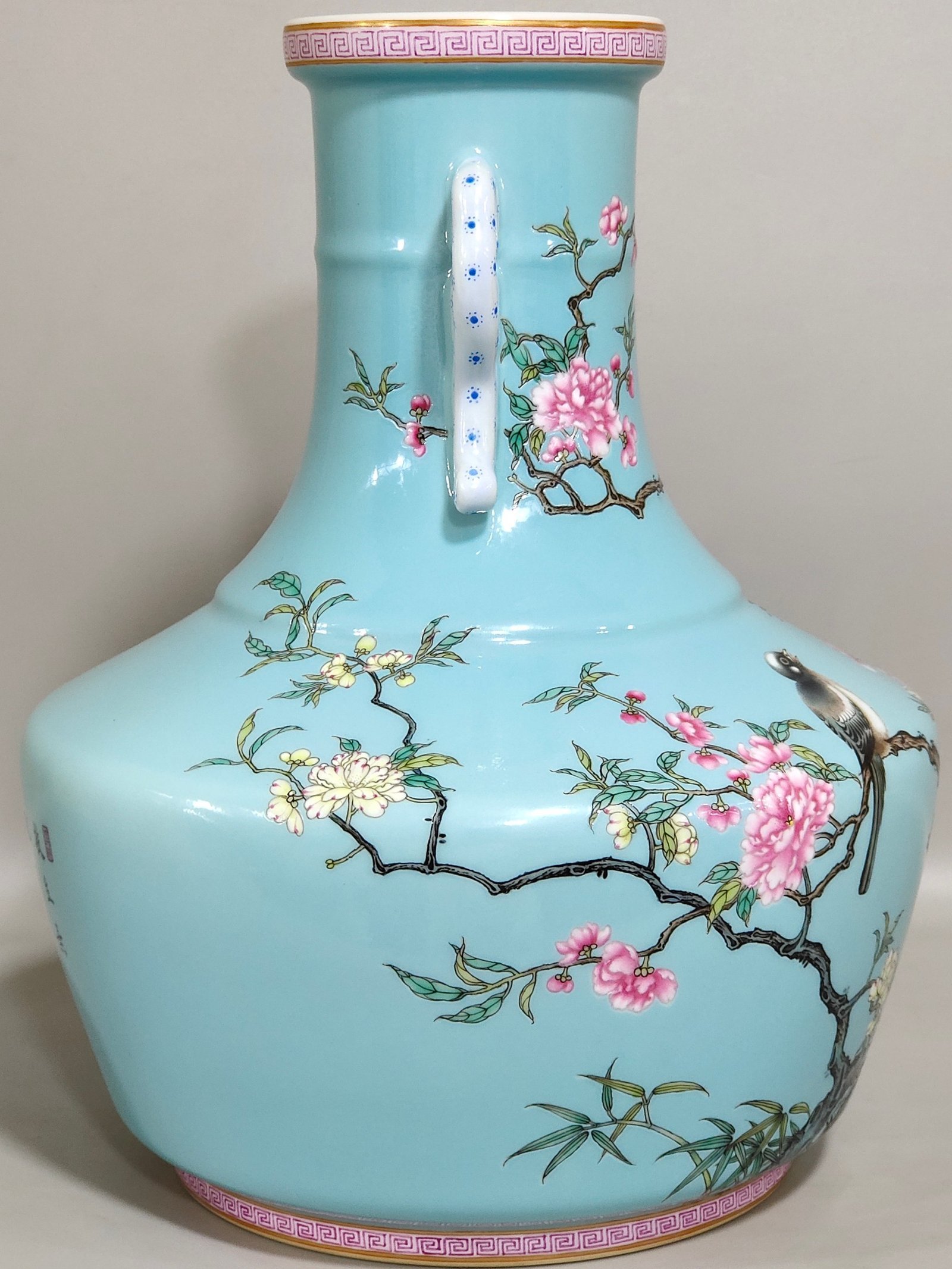 Qing Dynasty Yongzheng A blue glazed amphorae with flowers and birds inscribed with poems