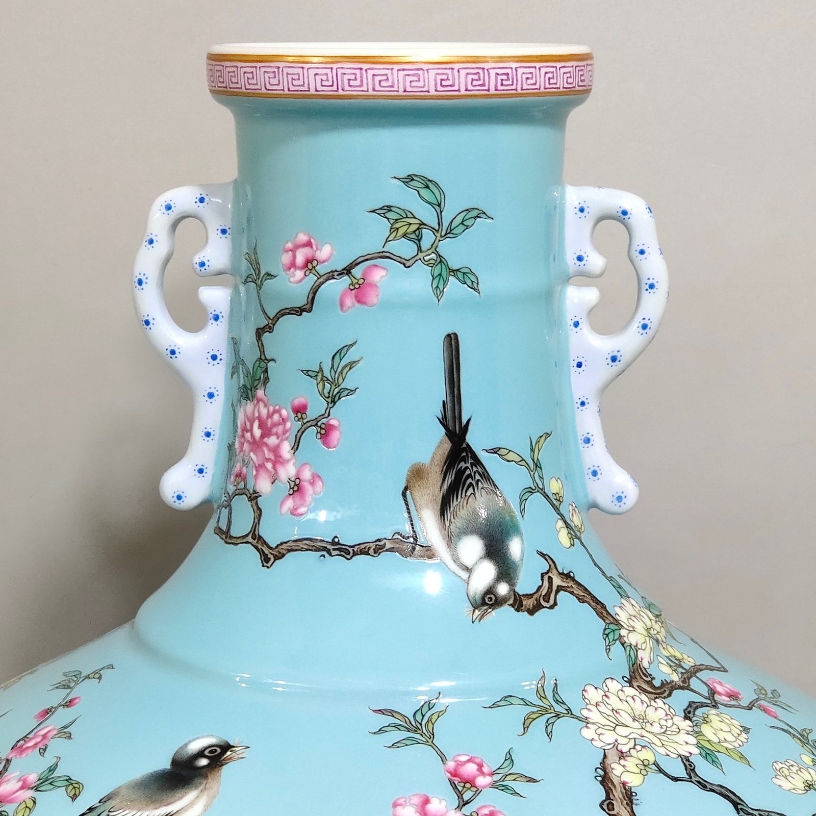 Qing Dynasty Yongzheng A blue glazed amphorae with flowers and birds inscribed with poems