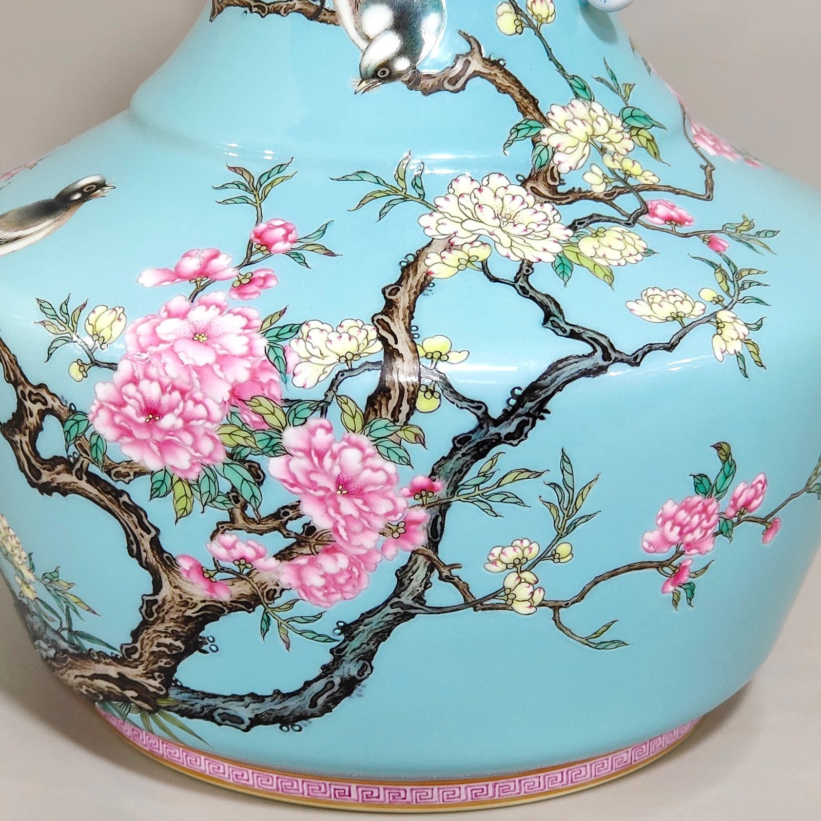 Qing Dynasty Yongzheng A blue glazed amphorae with flowers and birds inscribed with poems