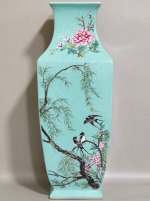 Qing Dynasty Yongzheng carved turquoise green four season flower and bird square vase