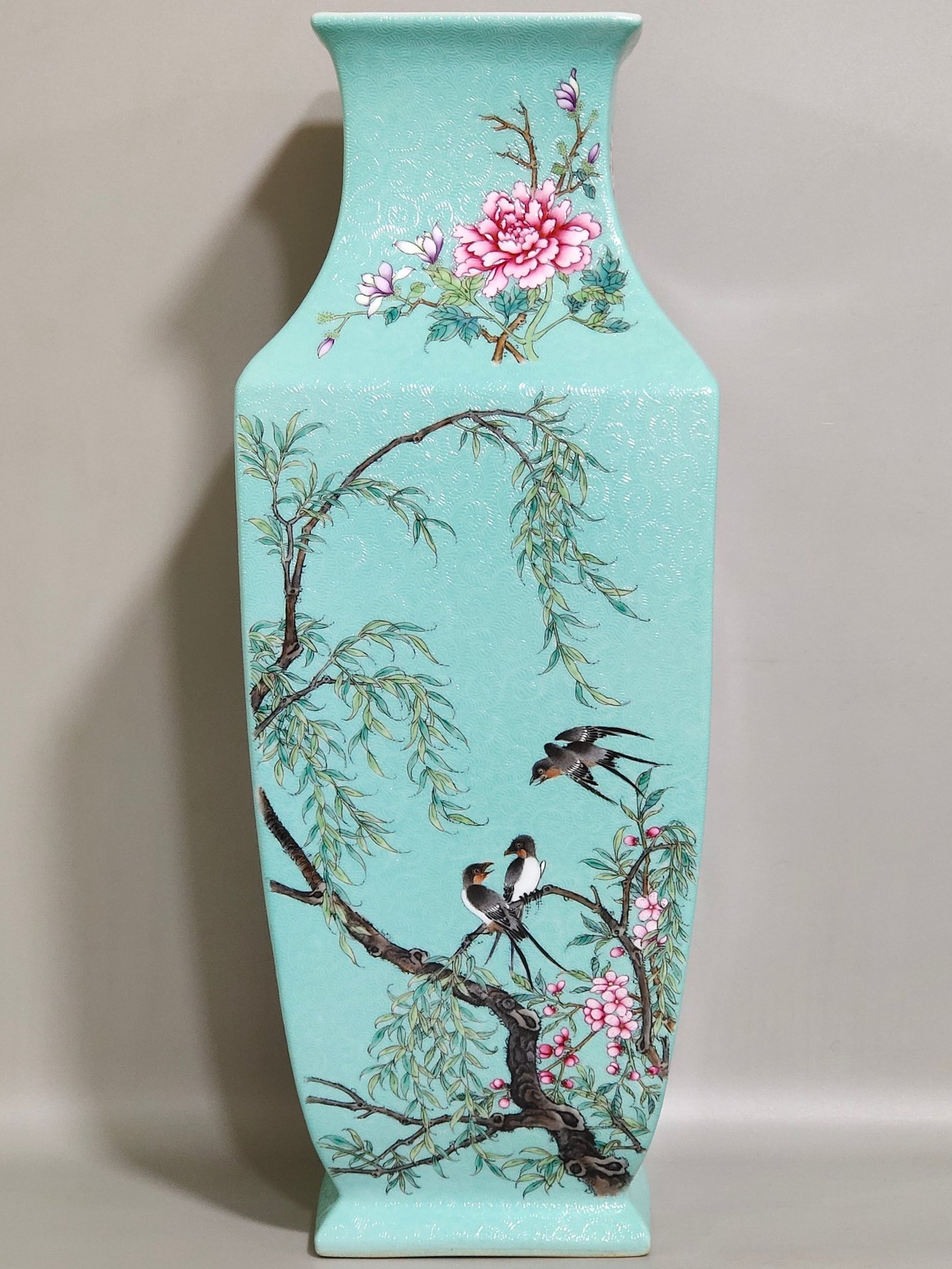 Qing Dynasty Yongzheng carved turquoise green four season flower and bird square vase