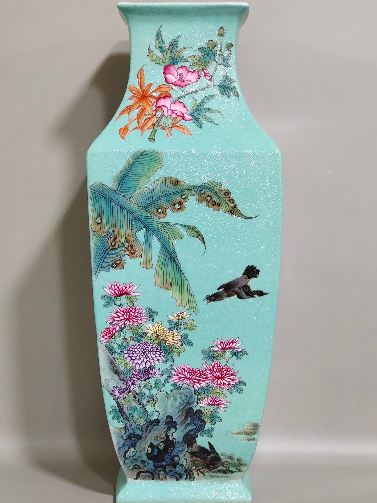 Qing Dynasty Yongzheng carved turquoise green four season flower and bird square vase