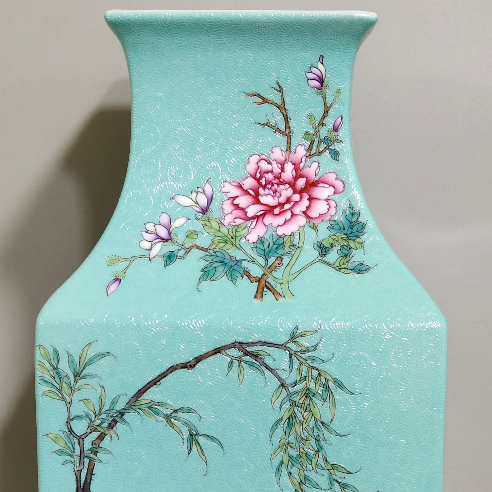 Qing Dynasty Yongzheng carved turquoise green four season flower and bird square vase