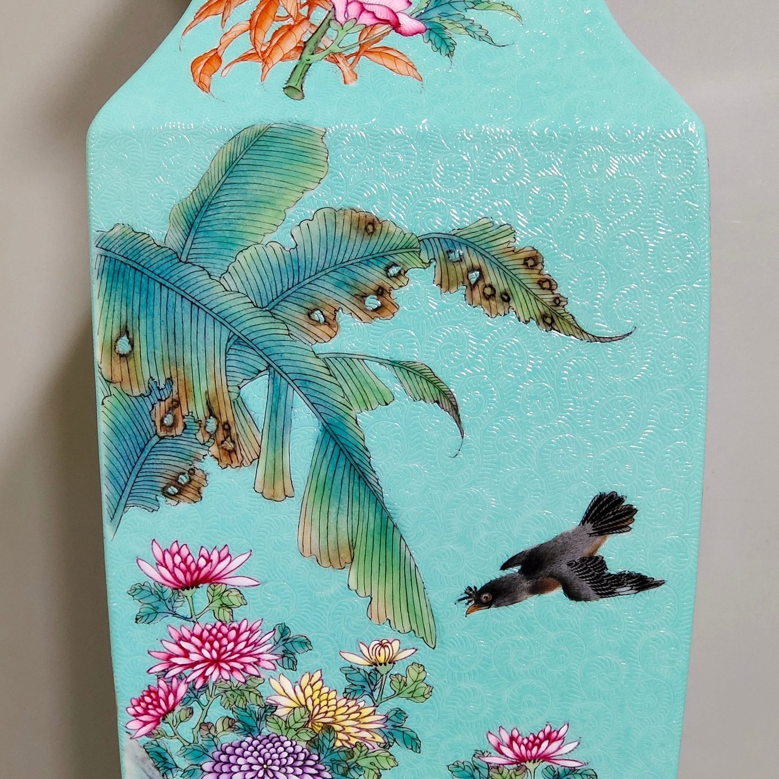 Qing Dynasty Yongzheng carved turquoise green four season flower and bird square vase