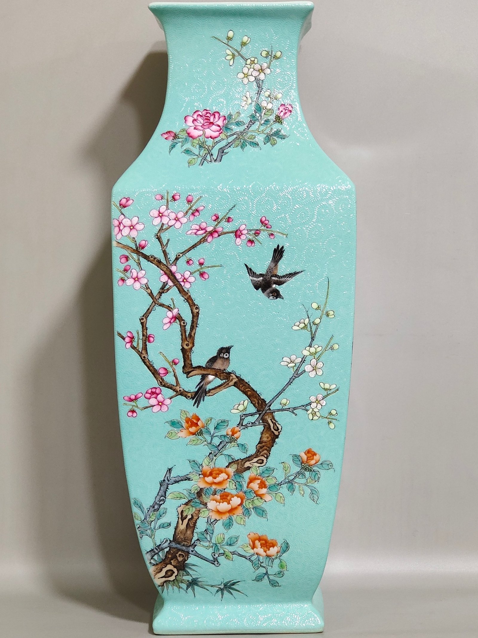 Qing Dynasty Yongzheng carved turquoise green four season flower and bird square vase