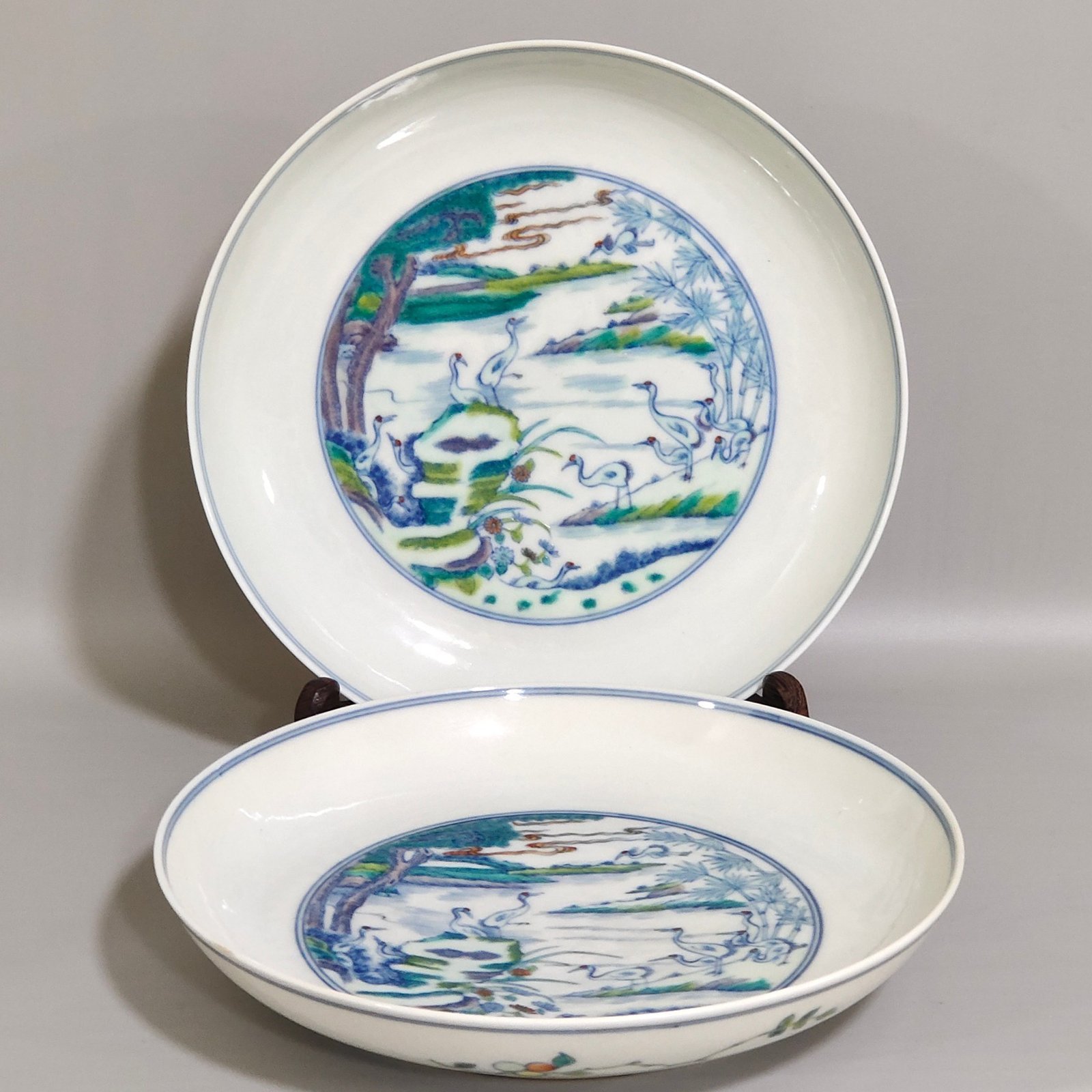 Qing Dynasty Yongzheng doucai pine and crane longevity dish