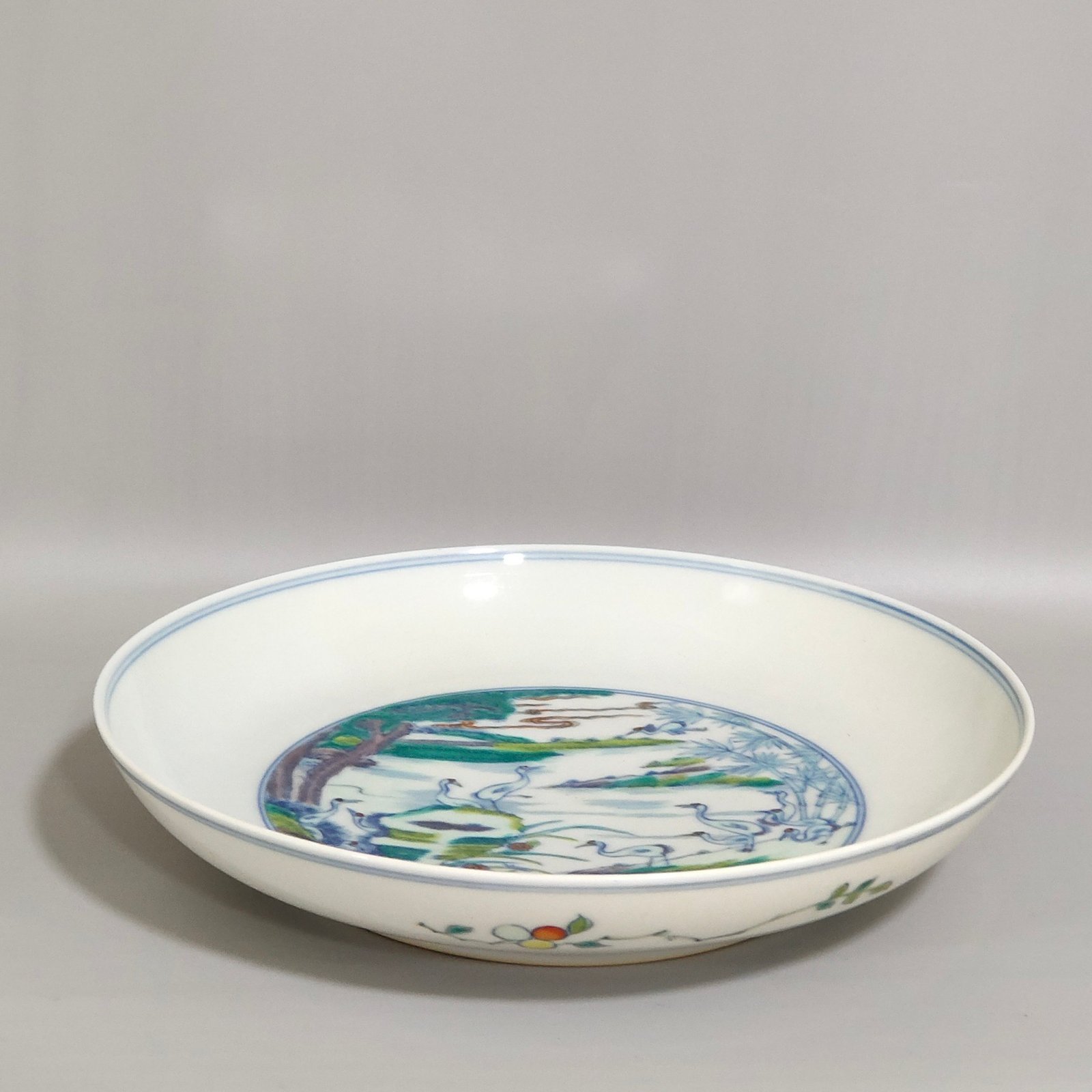 Qing Dynasty Yongzheng doucai pine and crane longevity dish