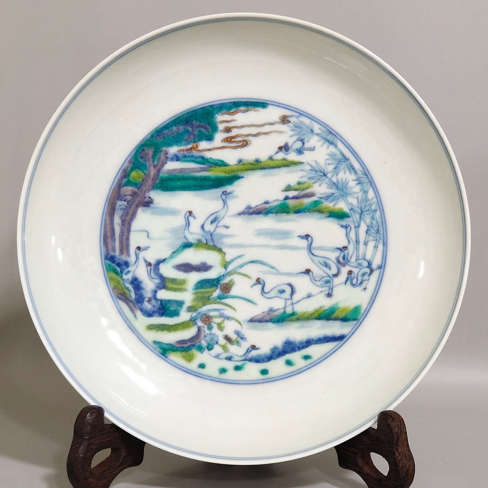 Qing Dynasty Yongzheng doucai pine and crane longevity dish