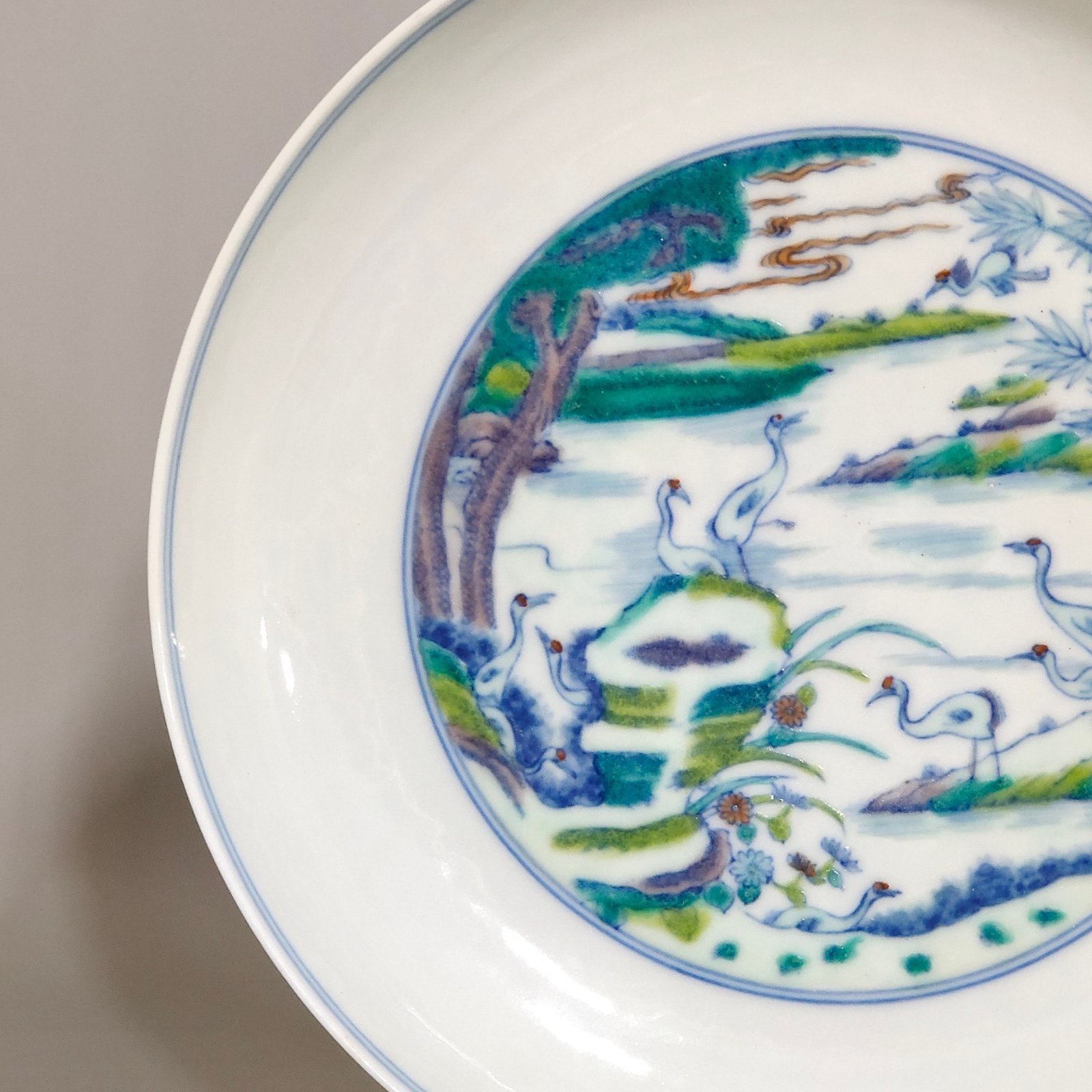 Qing Dynasty Yongzheng doucai pine and crane longevity dish