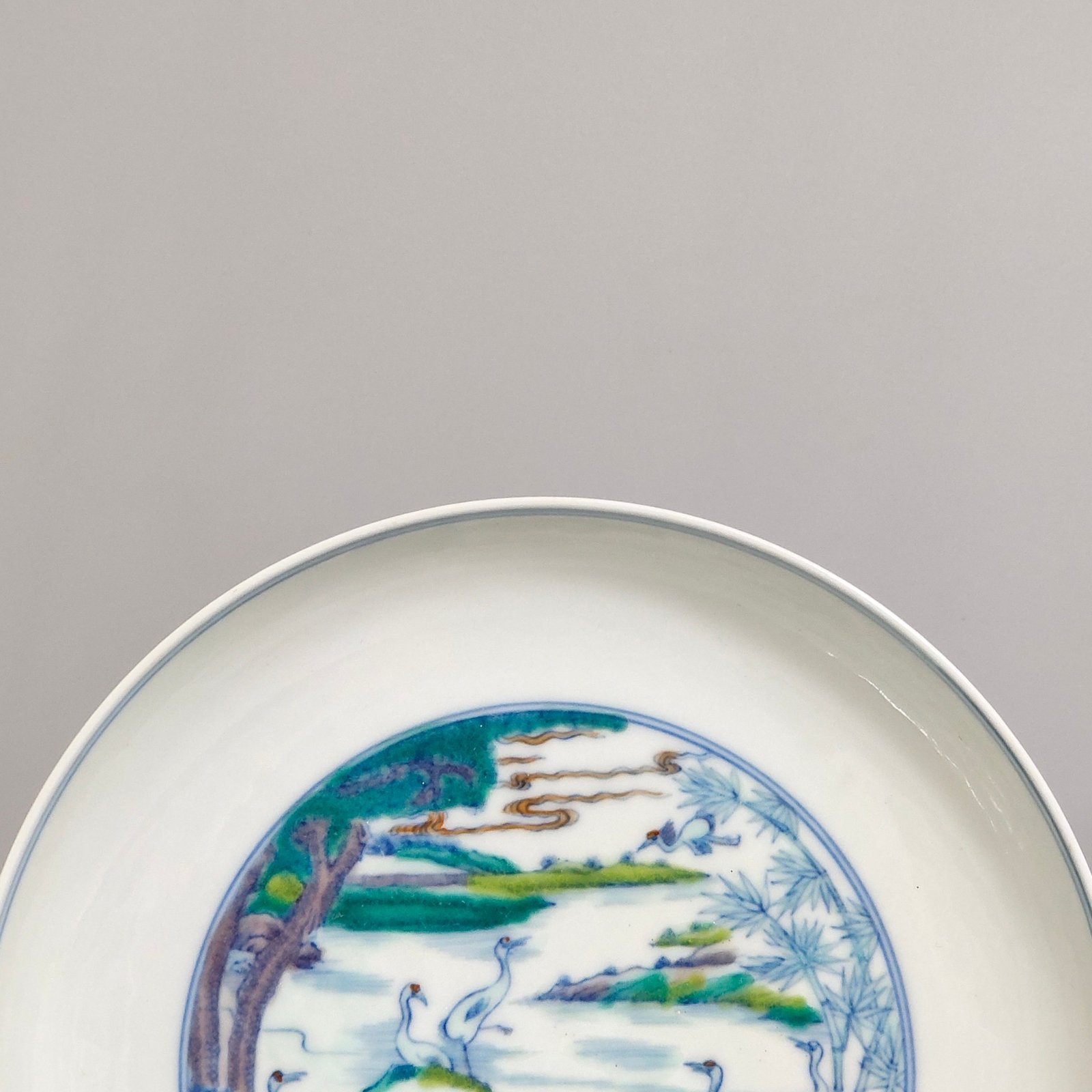 Qing Dynasty Yongzheng doucai pine and crane longevity dish