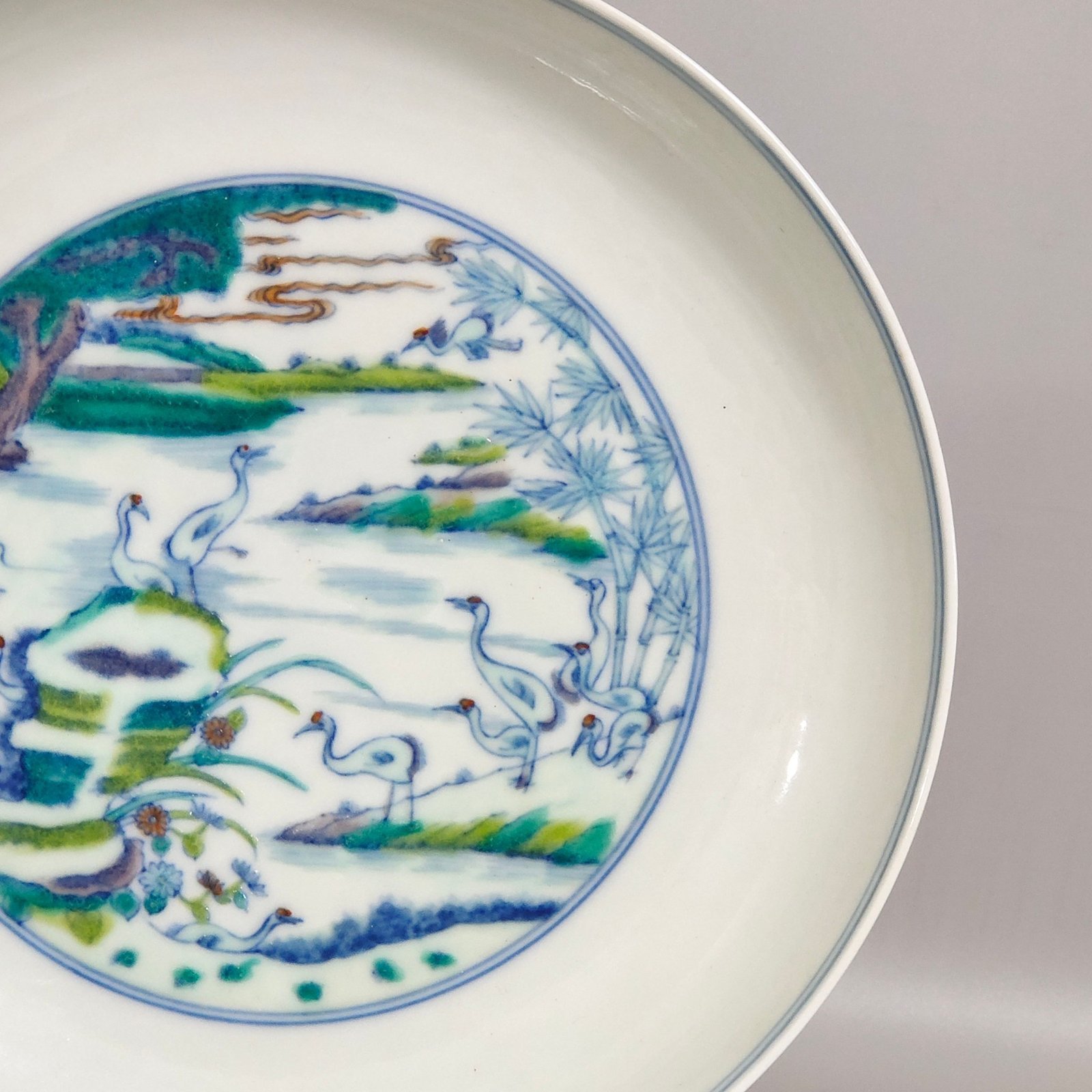 Qing Dynasty Yongzheng doucai pine and crane longevity dish