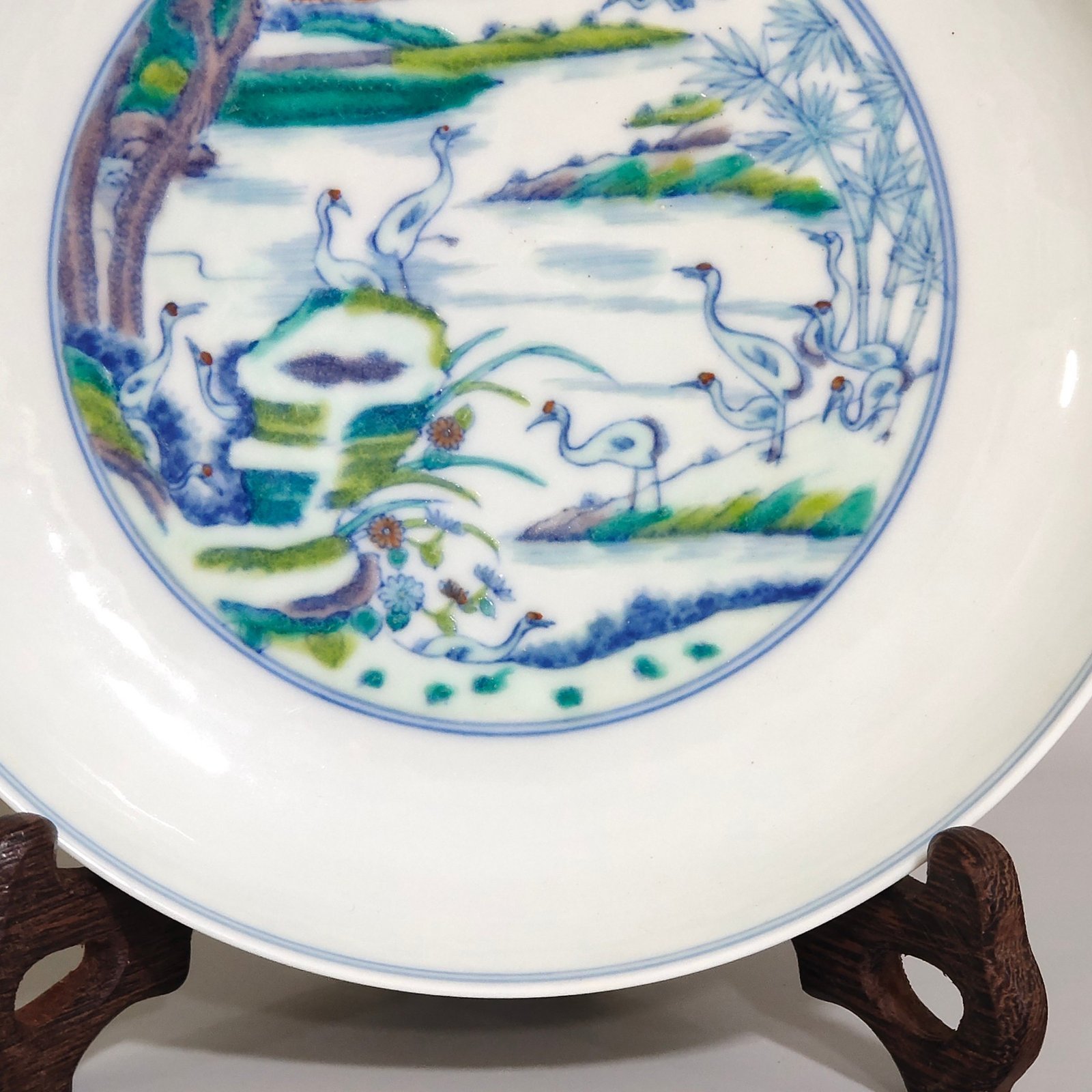 Qing Dynasty Yongzheng doucai pine and crane longevity dish