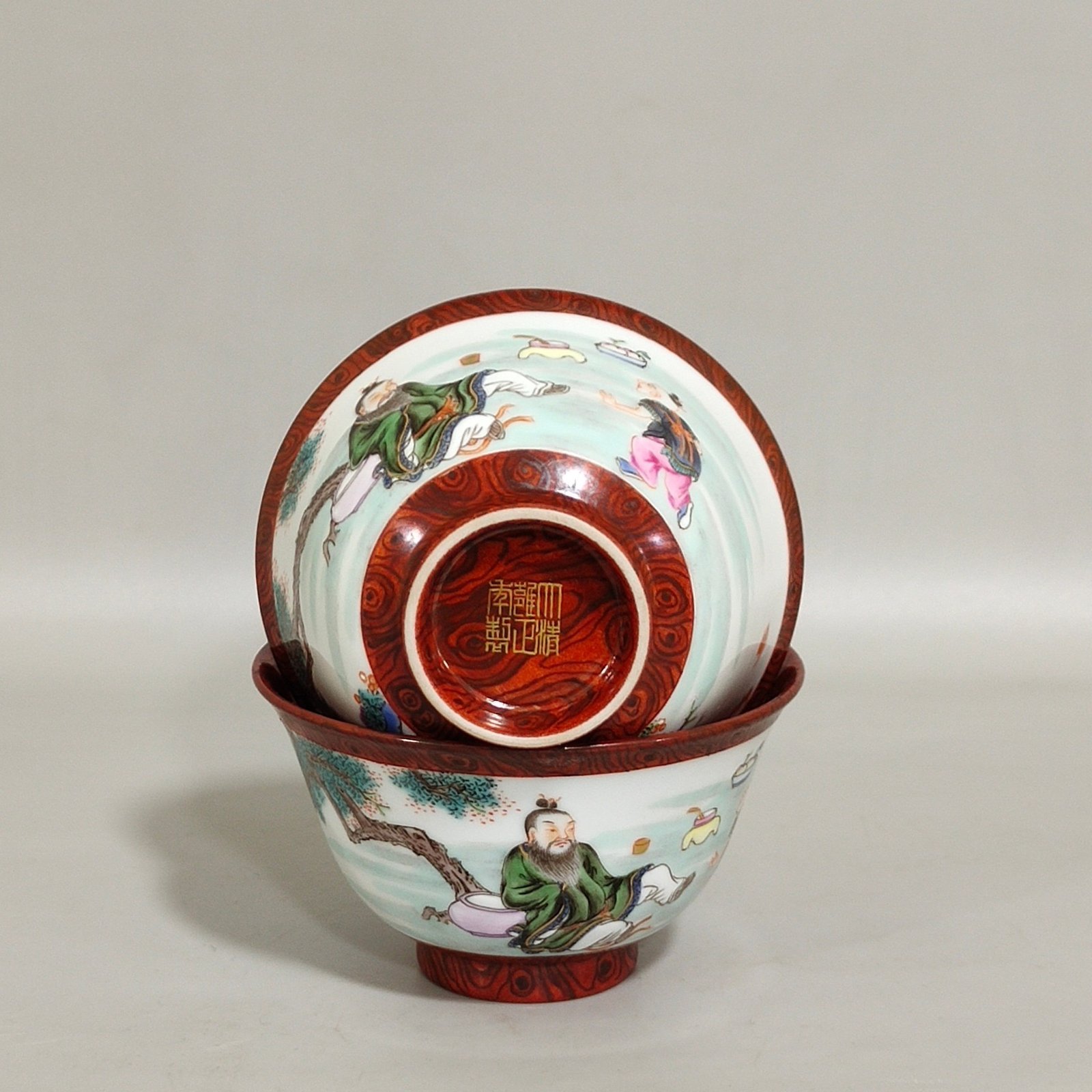 Qing Dynasty Yongzheng wood grain glaze character story cup