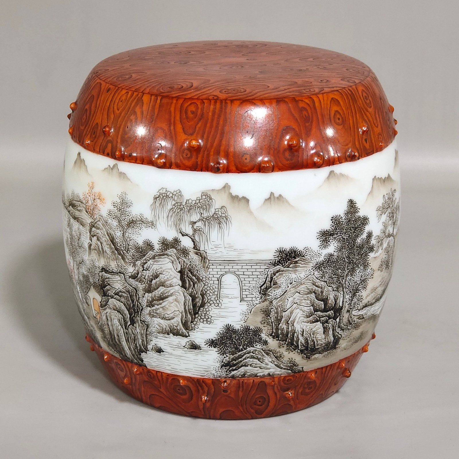 Qing Dynasty Yongzheng wood grain glazed ink color landscape poem porcelain drum