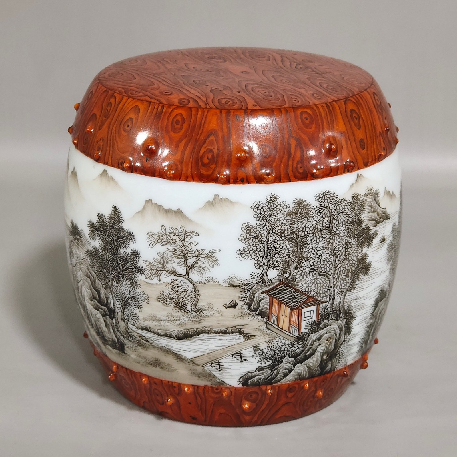 Qing Dynasty Yongzheng wood grain glazed ink color landscape poem porcelain drum
