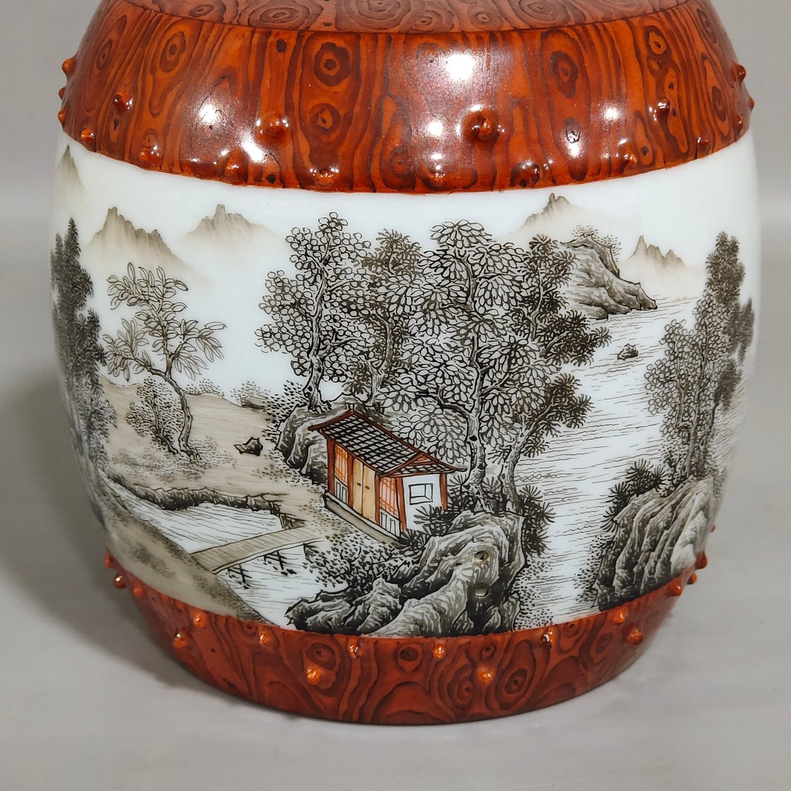Qing Dynasty Yongzheng wood grain glazed ink color landscape poem porcelain drum
