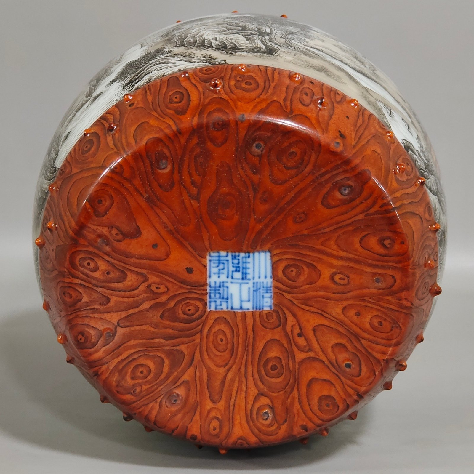 Qing Dynasty Yongzheng wood grain glazed ink color landscape poem porcelain drum