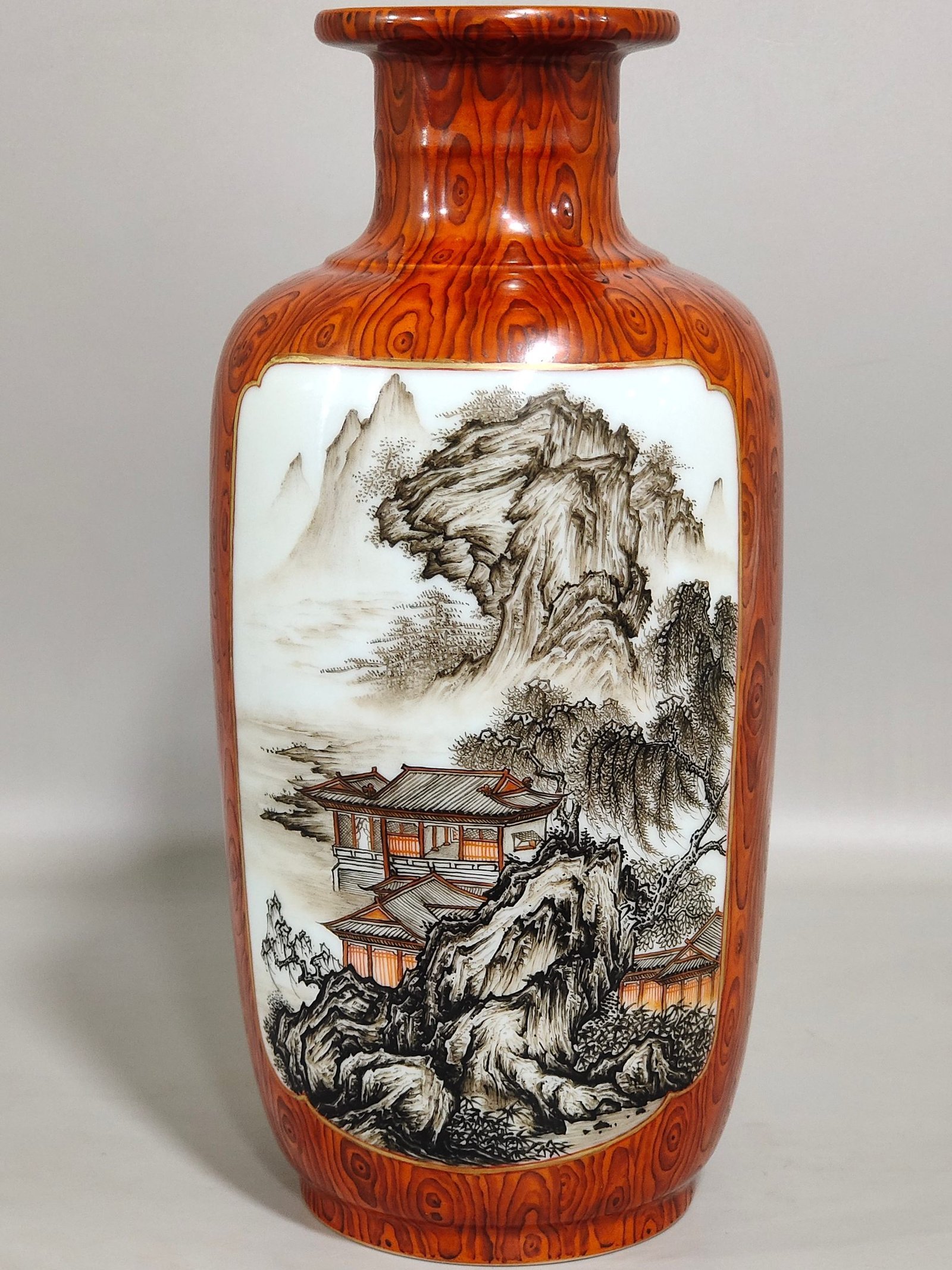 Qing Dynasty Yongzheng wood grain glazed window ink color landscape firecracker bottle