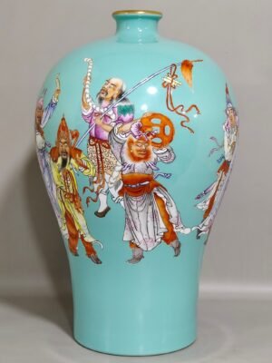 Qing Dynasty Yongzheng turquoise green figure eight barbarian tribute poem plum vase