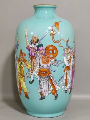Qing Dynasty Yongzheng turquoise green figures eight barbarians tribute poem vase