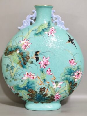 Qing Dynasty Yongzheng turquoise green glaze carved kingfisher and lotus poem vase