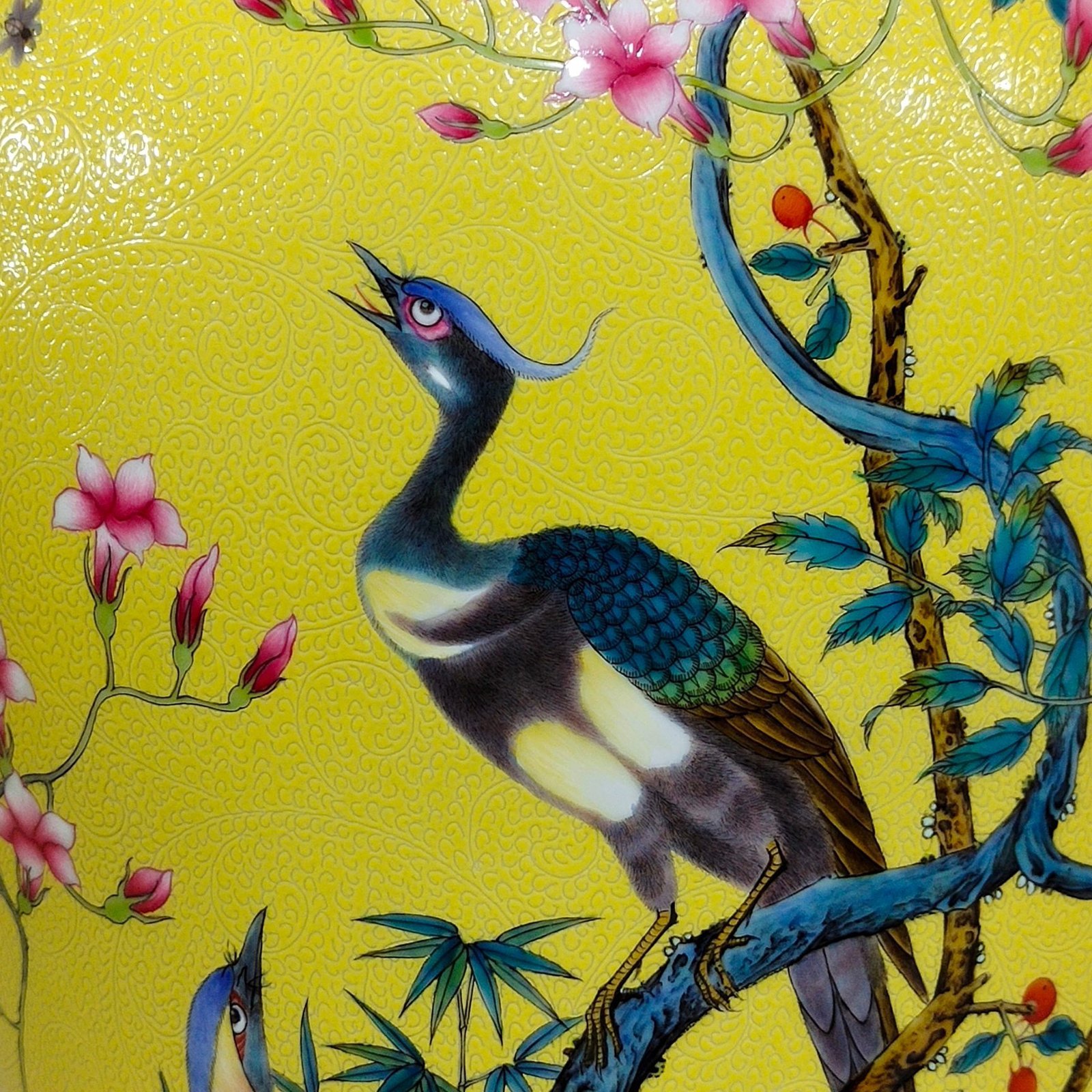 Qing Dynasty Yongzheng lemon yellow glaze grilled golden pheasant poem plum vase